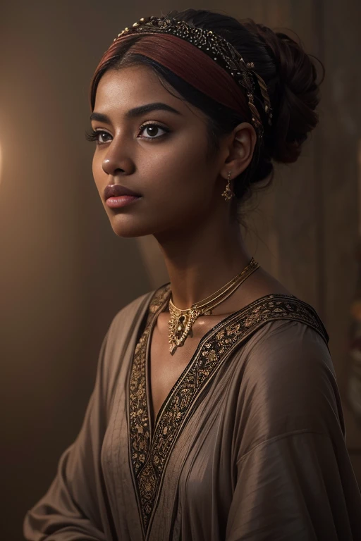 A full body of a 19-year-old Arabic woman with short red hair. Her dark brown eyes are fixed on the camera, conveying serenity and spiritual wisdom. where the soft light highlights her calm and mysterious aura. She has dark skin, which seems to exude a natural glow. Her hair is short, with a cut that highlights her confident and spiritual expression. The strands are the color of ebony, with some natural highlights that shine softly in the light. Her eyebrows are well defined and complement her expressive eyes. They seem capable of seeing beyond appearances and delving into the depths of the human spirit. Her face is serene, with soft features that suggest compassion and empathy. She has a big gentle smile that radiates calmness and confidence. Her presence is welcoming and inspiring, (NSFW:1.2)