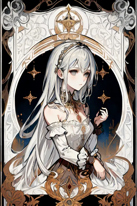 ((best quality)), ((masterpiece)), (detailed), 1girl, character design, female, dynamic poses, long white grey hair, grey white ...