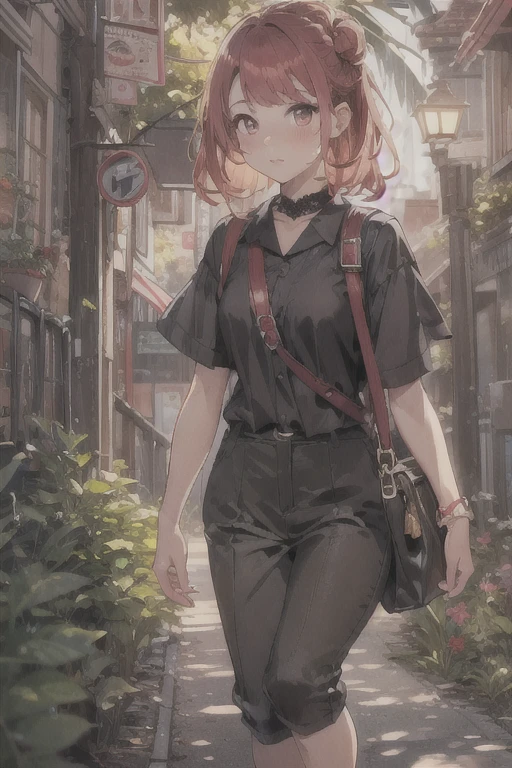 beautiful young woman, anime style, detailed face, red hair, hair in a bun, hair with black ribbons, large eyes, pink eyes, delicate features, soft lighting, blush, wearing a choker, wearing a ,  with black lace top, carrying a school bag, walking home from school, sunset lighting, street, trees, detailed background, illustration, anime art, hand-drawn style, high quality, highly detailed, 8k resolution, cinematic lighting, best quality, vibrant colors