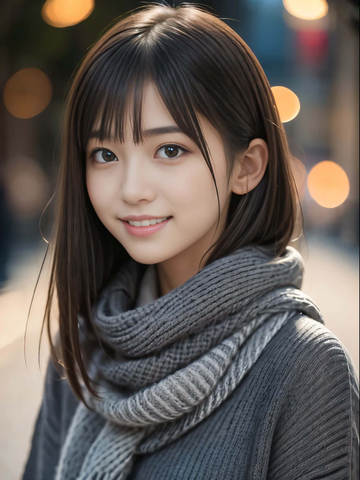 One Girl,(Dark Gray Sweater:1.4),(He has a big scarf around his neck:1.2), (RAW Photos, highest quality), (Realistic, Photorealistic:1.4), Tabletop, Very delicate and beautiful, Very detailed, 8k wallpaper, wonderful, In detail, Very detailedなCG Unity, High resolution, Soft Light, Beautifully detailed 19 year old girl, Very detailedな目と顔, Beautifully detailed nose, Beautiful fine details,Cinema Lighting,City lights at night,Perfect Anatomy,Slender body,smile  (My hair is messy, Asymmetrical bangs, Light brown hair,)