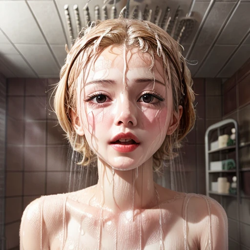 commercial Photo, face closeup, BananaFace, Banana in face, Banana awe, (White LiquidSoap dropped face and hair), facial, ahegao, Shampoo, Bubbles, ((Extremely detailed beautiful blush face and eyes)), Radiant FineSkin . BREAK Marilyn Monroe, (ShowerWater:1.6), (Shower-Head:-1.2), (much Water from ceiling falling like rain:1.4), wet hair, wet face, wet body, wet tube-top, splash waters, well-proportioned