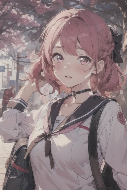 beautiful young woman, anime style, detailed face, red hair, hair in a bun, hair with black ribbons, large eyes, pink eyes, delicate features, soft lighting, blush, wearing a choker, wearing a Japanese , sailor uniform, sexy, cleavage, black lace top under uniform, carrying a school bag, walking home from school, sunset lighting, street, trees, detailed background, illustration, anime art, hand-drawn style, high quality, highly detailed, 8k resolution, cinematic lighting, best quality, vibrant colors