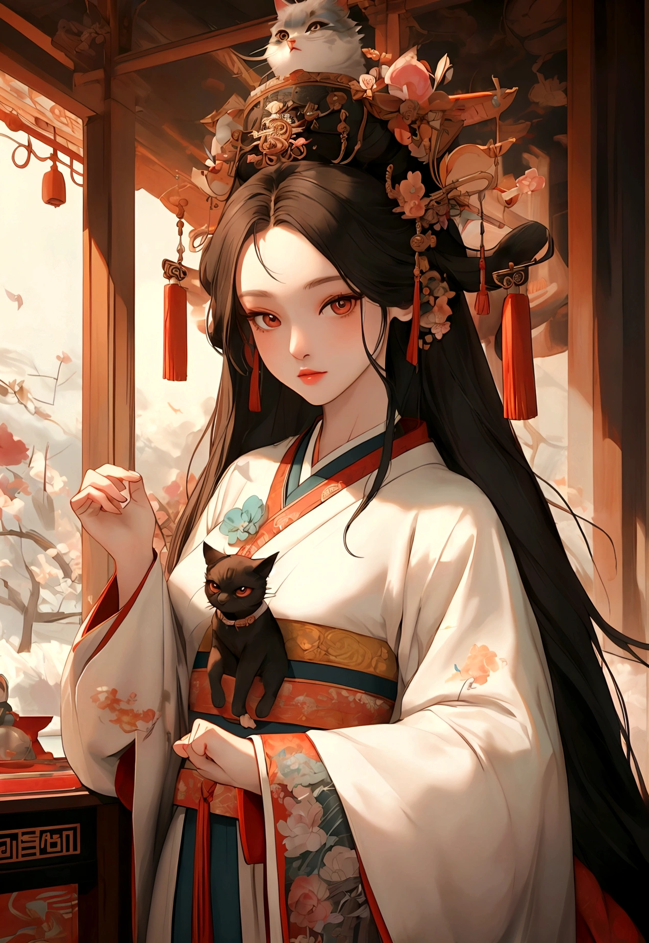 ((Masterpiece)), (Best Quality), (Cinematic),(highly accurate drawing in every detail)(extremely precise representation)half_body_portrait,ancient asia vibe, a stunning hanfu oriental cat(with all cat specific bodyparts) dressed in georgeous hanfu dress with sacred geometric patterns and hair plus hanfu headpiece.big eyes, high quality linework,