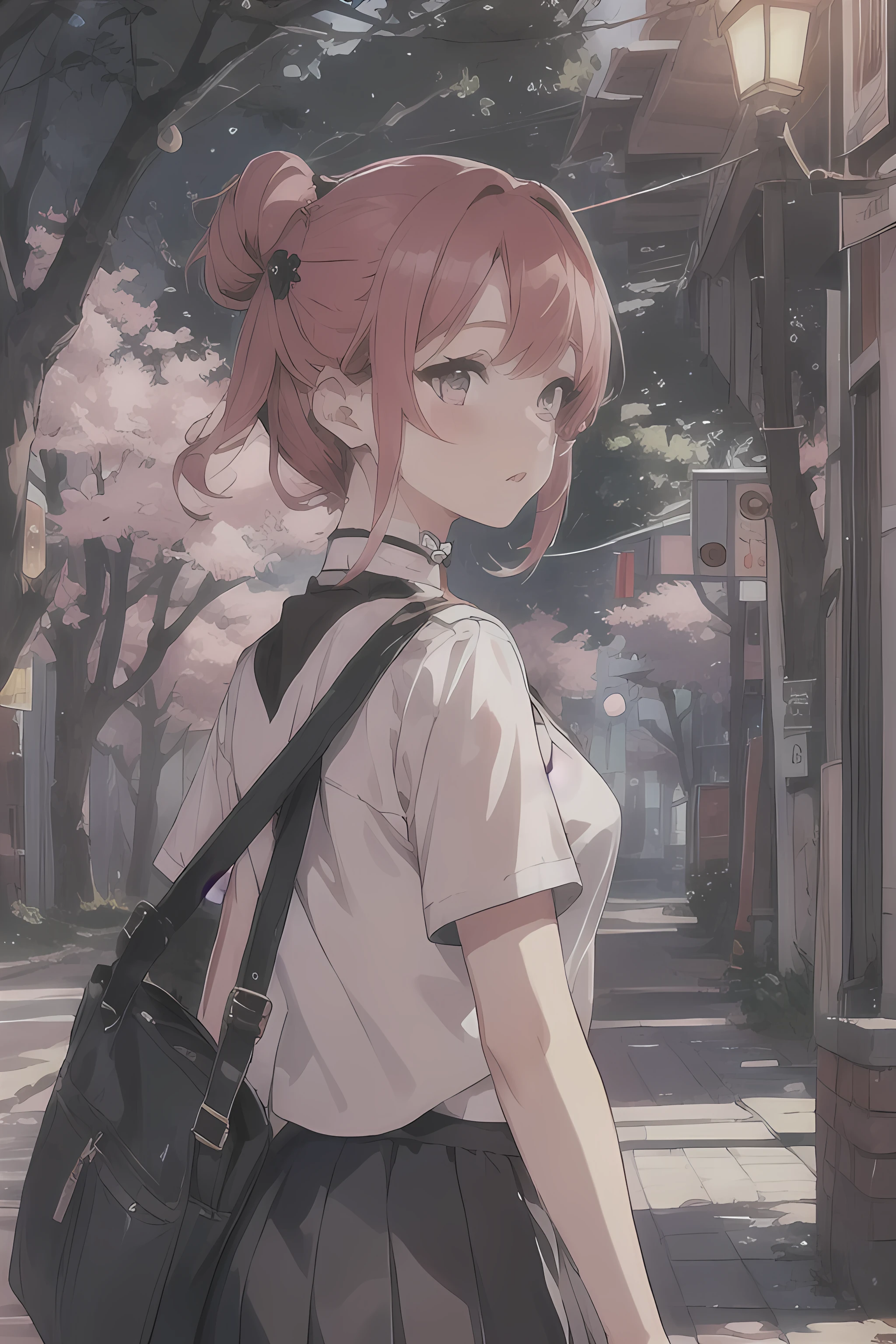 beautiful young woman, anime style, detailed face, red hair, hair in a bun, hair with black ribbons, large eyes, pink eyes, delicate features, soft lighting, blush, wearing a choker, wearing a Japanese , sailor uniform, sexy, cleavage, black lace top under uniform, carrying a school bag, walking home from school, sunset lighting, street, trees, detailed background, illustration, anime art, hand-drawn style, high quality, highly detailed, 8k resolution, cinematic lighting, best quality, vibrant colors