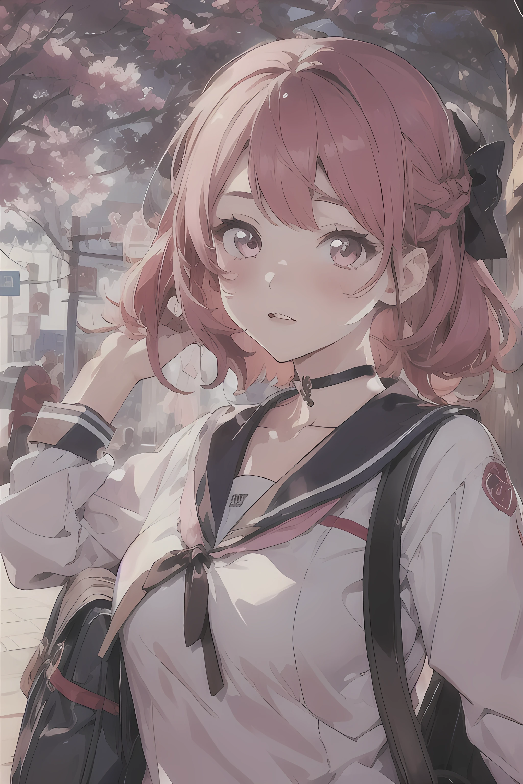 beautiful young woman, anime style, detailed face, red hair, hair in a bun, hair with black ribbons, large eyes, pink eyes, delicate features, soft lighting, blush, wearing a choker, wearing a Japanese , sailor uniform, sexy, cleavage, black lace top under uniform, carrying a school bag, walking home from school, sunset lighting, street, trees, detailed background, illustration, anime art, hand-drawn style, high quality, highly detailed, 8k resolution, cinematic lighting, best quality, vibrant colors