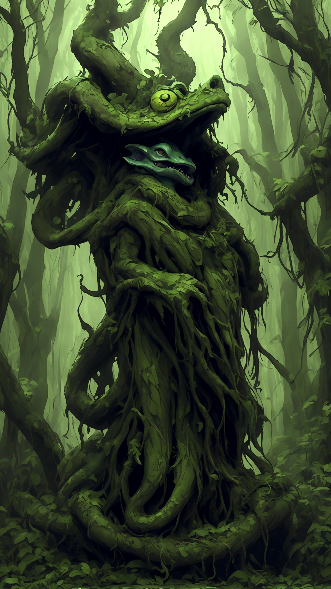 (best quality,highres:1.2),(realistic:1.37),ultra-detailed,a creepy toad,enormous in size,brightly colored,stalks through an ancient forest,tentacle tongue,thick and slimy skin,dark,ominous atmosphere,gloomy shadows,misty fog,gnarled trees,twisted branches,moss-covered rocks,dappled sunlight,unearthly glow,spooky ambiance,dense undergrowth,crunching leaves underfoot,haunting presence,unsettling silence,distant whispers,Cthulhu-like creature,mythical world,mysterious aura, Sentai Ranger, HDR, 8k, absurdres, cinestill 800, sharp focus, add_detail:3 (solo woman) anime, wideshot, widescreen, focus on subject
