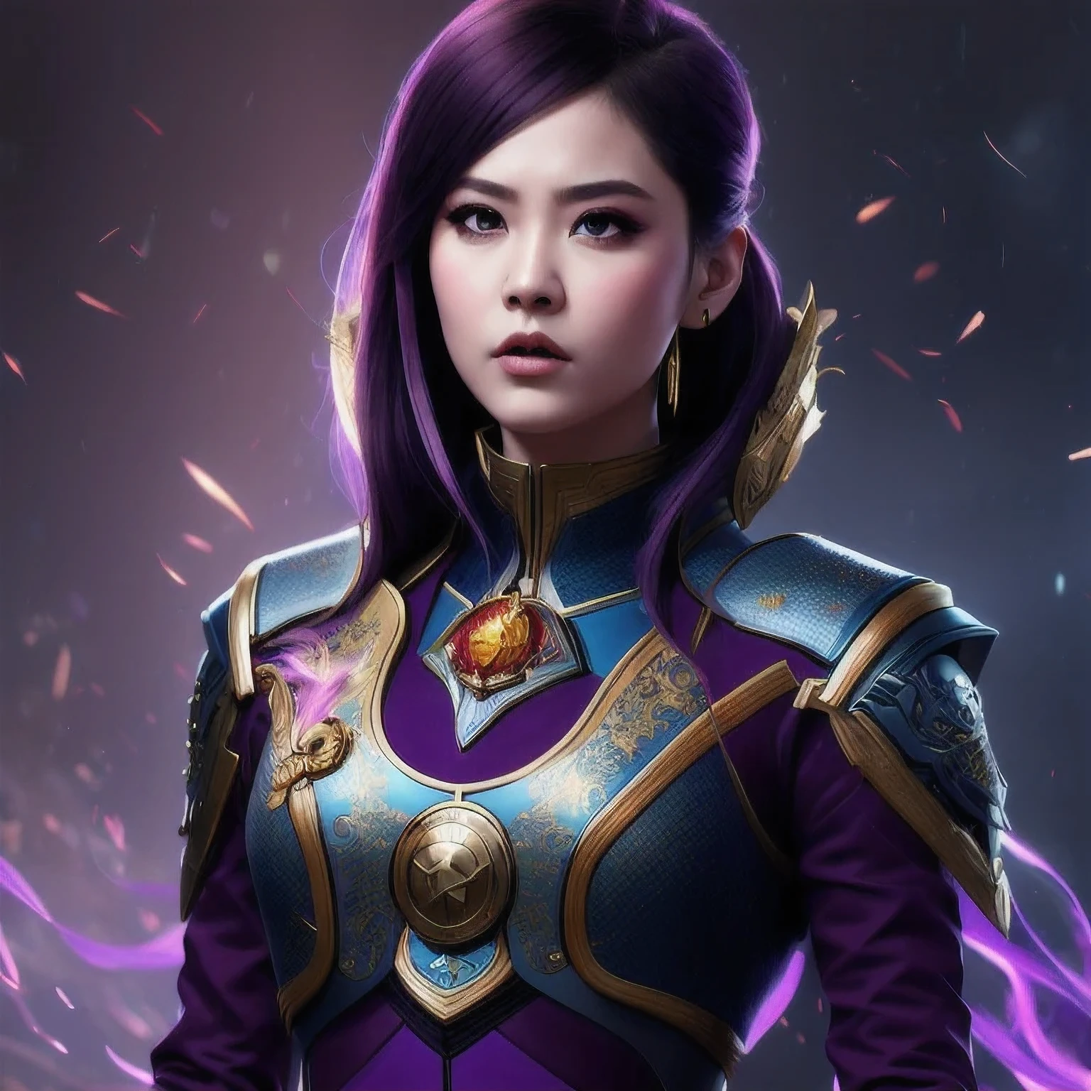 (((Disgusted look)))there is a 18 years old in a purple dress holding a dragon, wlop and ross tran, ross tran 8 k, fantasy art style, chengwei pan on artstation, a beautiful fantasy empress, ross tran and wlop, ruan jia and artgerm, the dragon girl portrait, ig model | artgerm, artgerm and ruan jia，beautiful 1girl bangs blue eyes closed mouth ear piercing earrings grey background hair ornament jewelry lips looking at viewer military military uniform nose piercing portrait realistic short hair simple background solo upper body