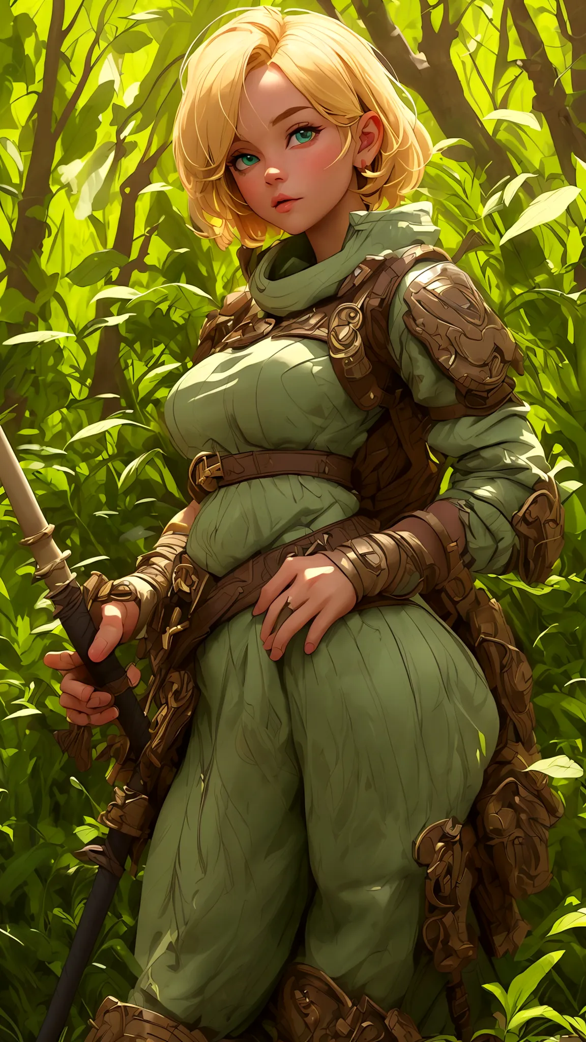 (best quality,4k,8k,highres,masterpiece:1.2),ultra-detailed, female ranger, short blond hair, spear, white shirt, green leather ...