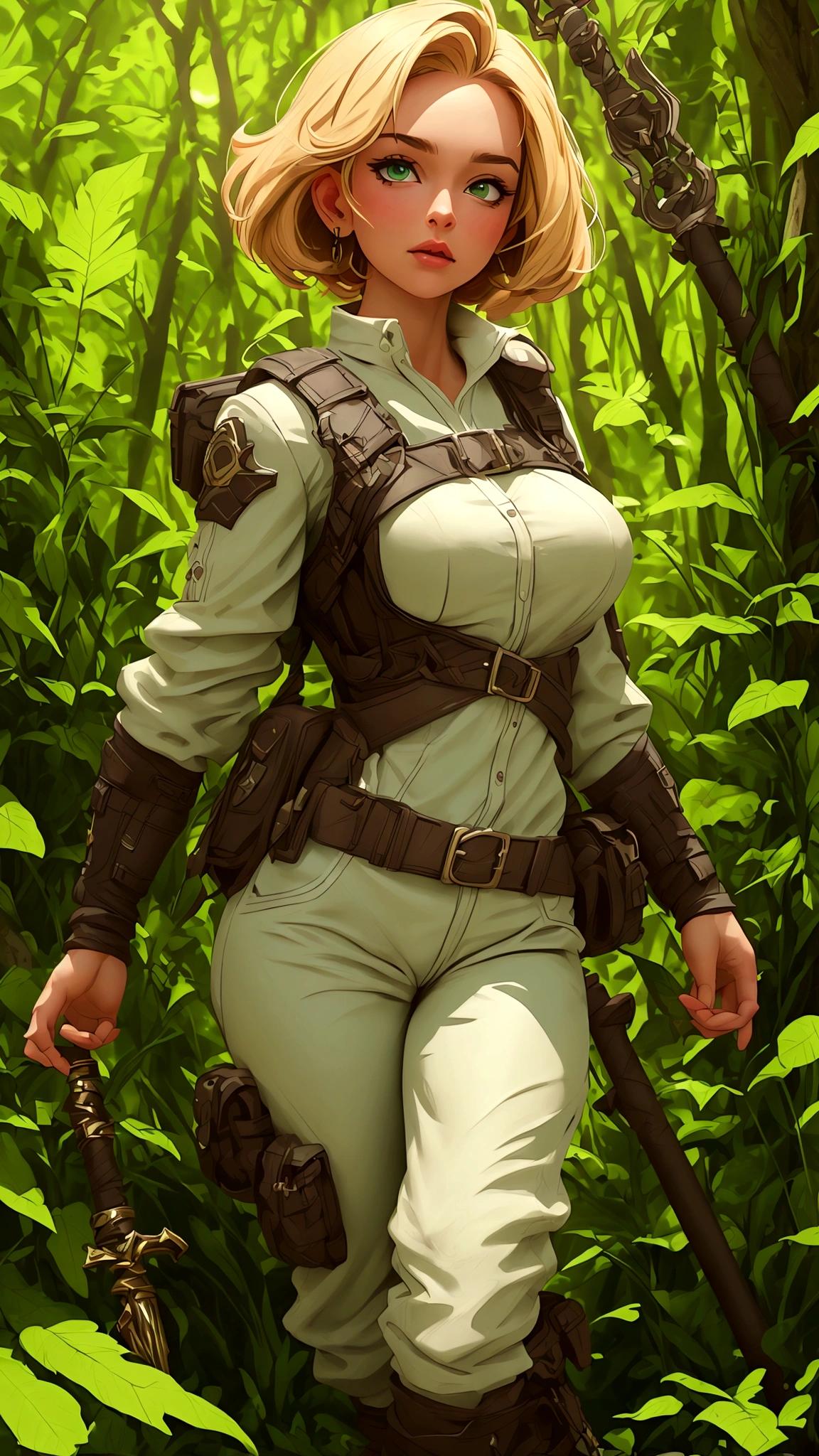 (melhor qualidade,4K,8K,alta resolução,obra de arte:1.2),ultra-detalheed, guarda florestal feminina, cabelo loiro curto, lança, camisa branca, colete de couro verde, calças verdes, botas marrons, Um copo, Na floresta, tempo, HDR, 8K, absurdos, Cinemastill 800, foco nitído, adicionar_detalhe:2, (Sozinho, mulher)