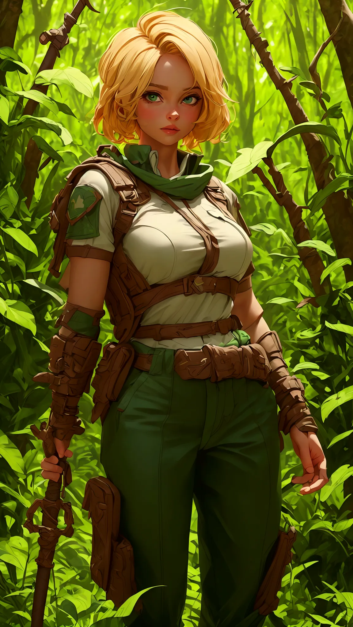 (best quality,4k,8k,highres,masterpiece:1.2),ultra-detailed, female ranger, short blond hair, spear, white shirt, green leather ...