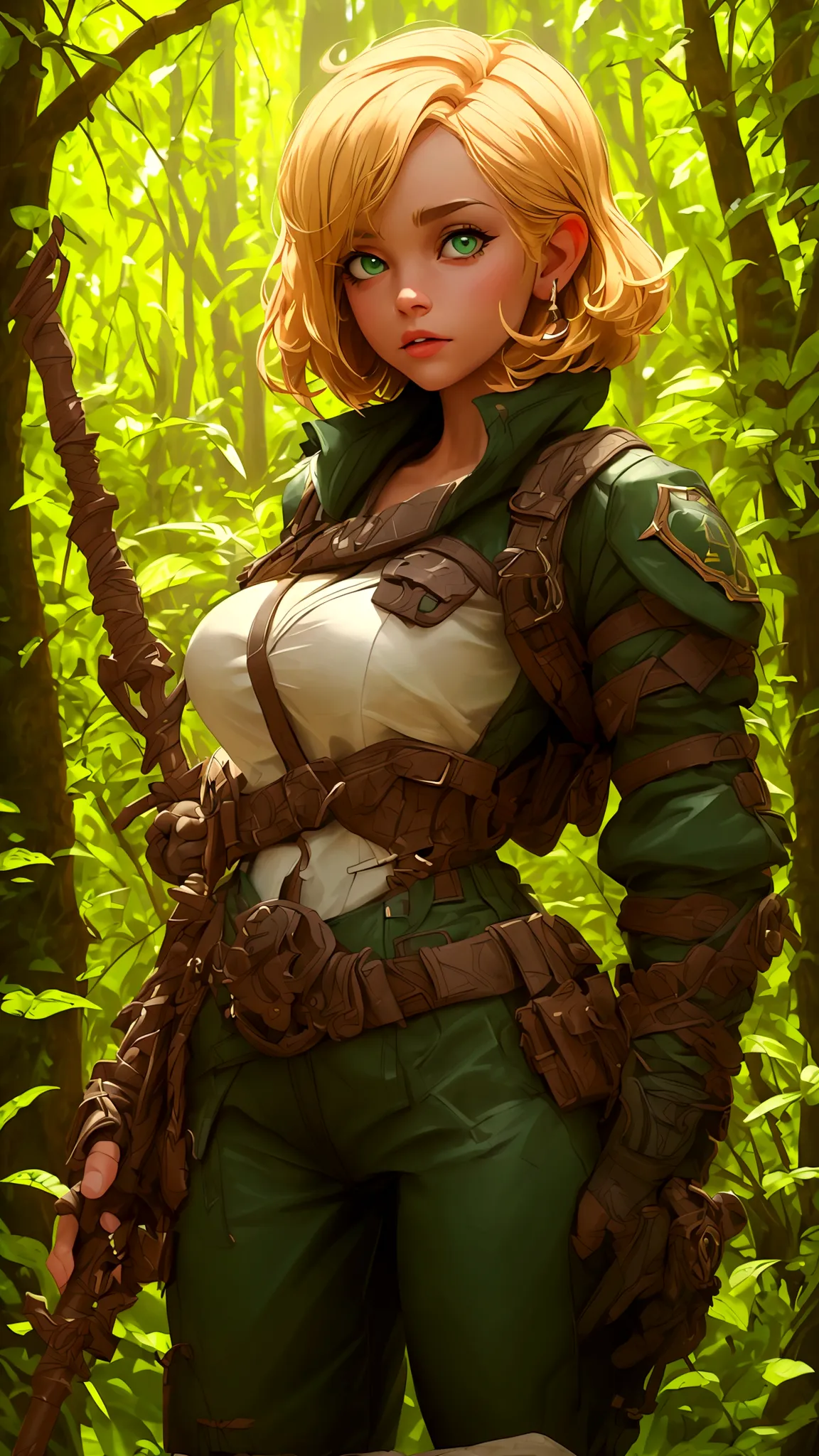 (best quality,4k,8k,highres,masterpiece:1.2),ultra-detailed, female ranger, short blond hair, spear, white shirt, green leather ...