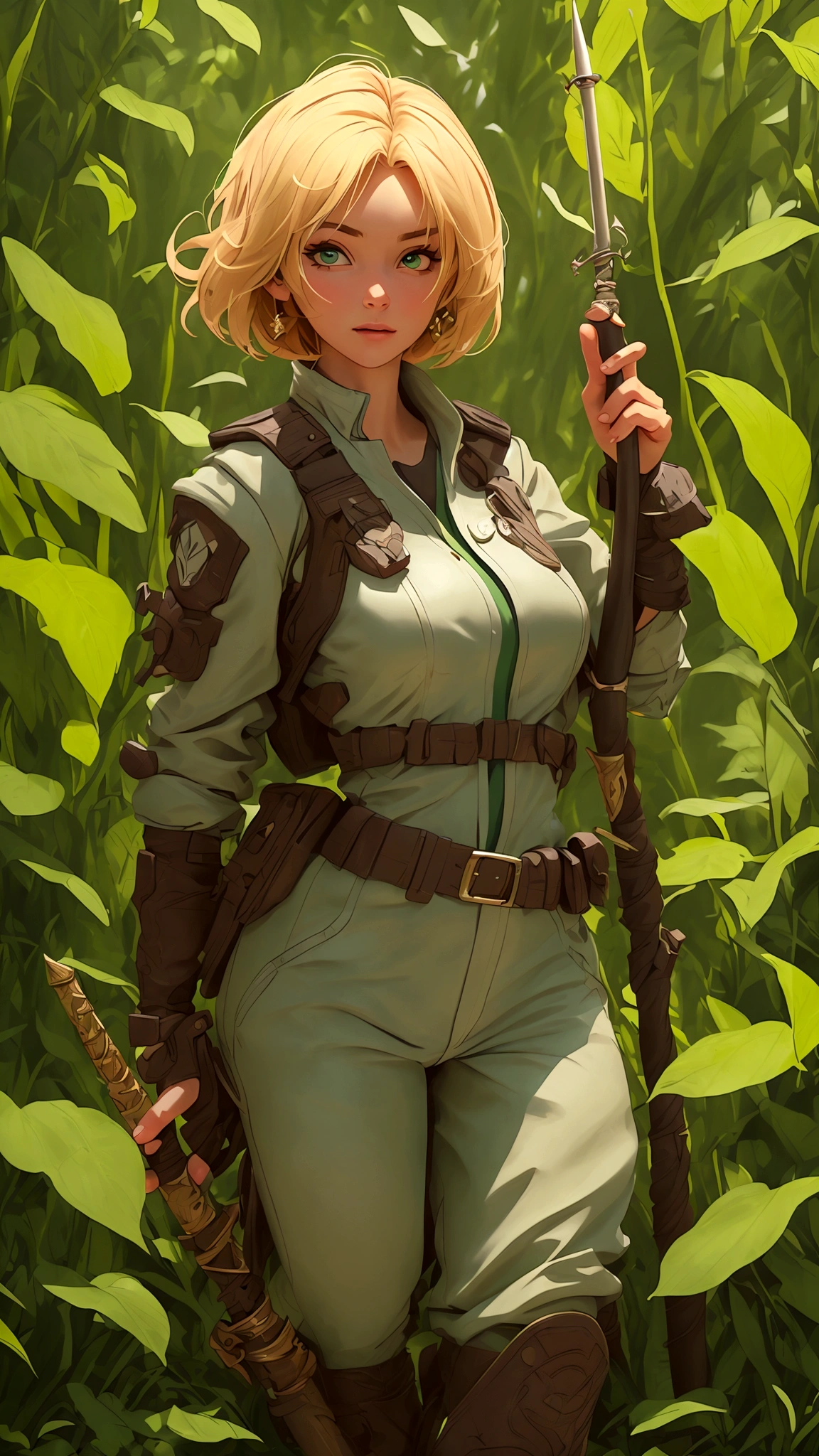 (best quality,4k,8k,highres,masterpiece:1.2),ultra-detailed, female ranger, short blond hair, spear, white shirt, green leather vest, green trousers, brown boots, A-cup, in the woods, AIKA, HDR, 8k, absurdres, cinestill 800, sharp focus, add_detail:2, (solo, woman)