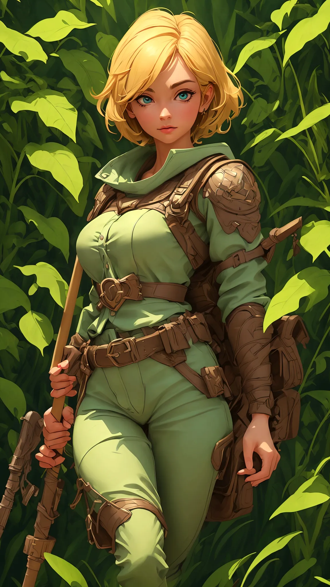 (best quality,4k,8k,highres,masterpiece:1.2),ultra-detailed, female ranger, short blond hair, spear, white shirt, green leather ...