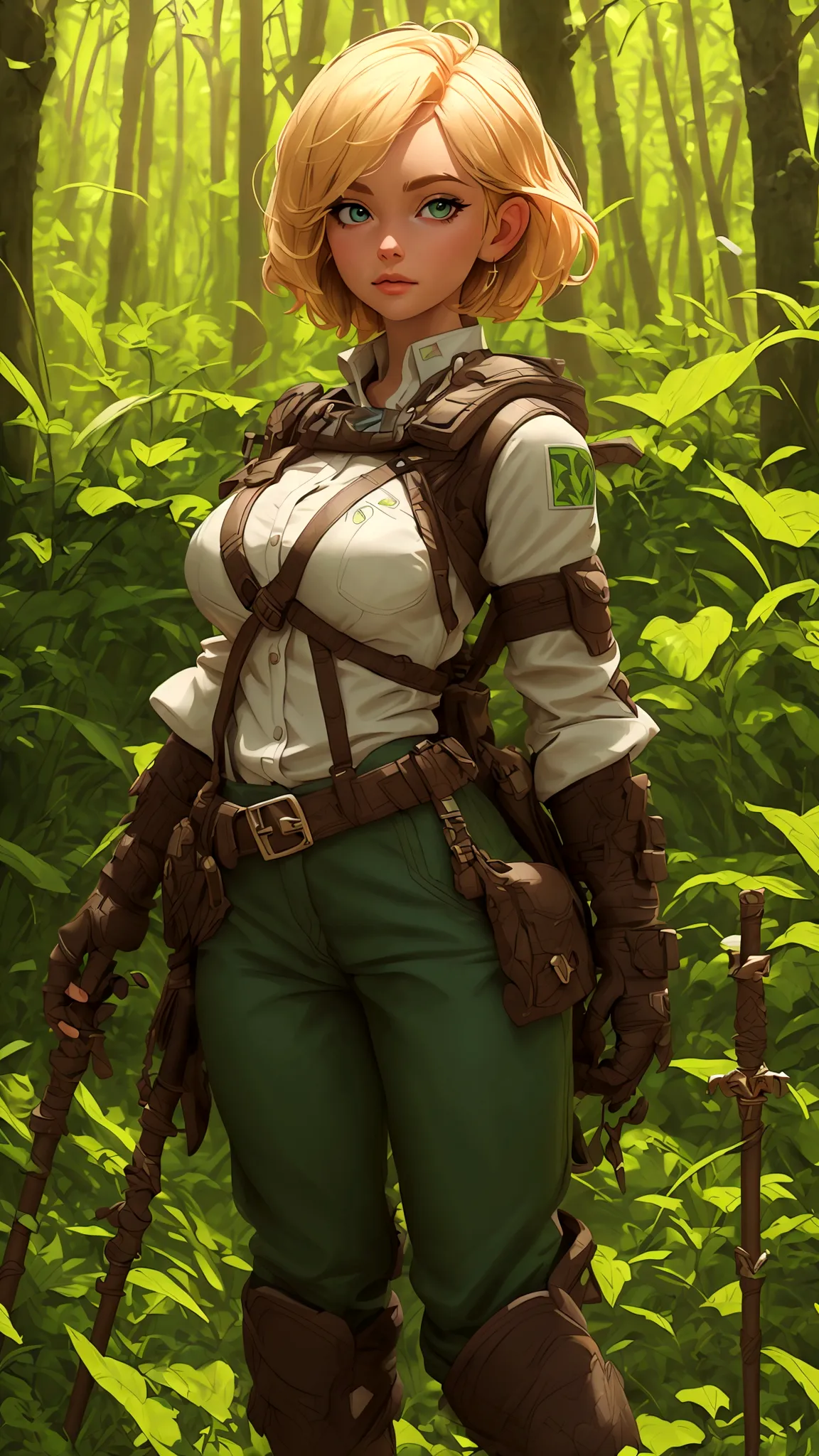 (best quality,4k,8k,highres,masterpiece:1.2),ultra-detailed, female ranger, short blond hair, spear, white shirt, green leather ...