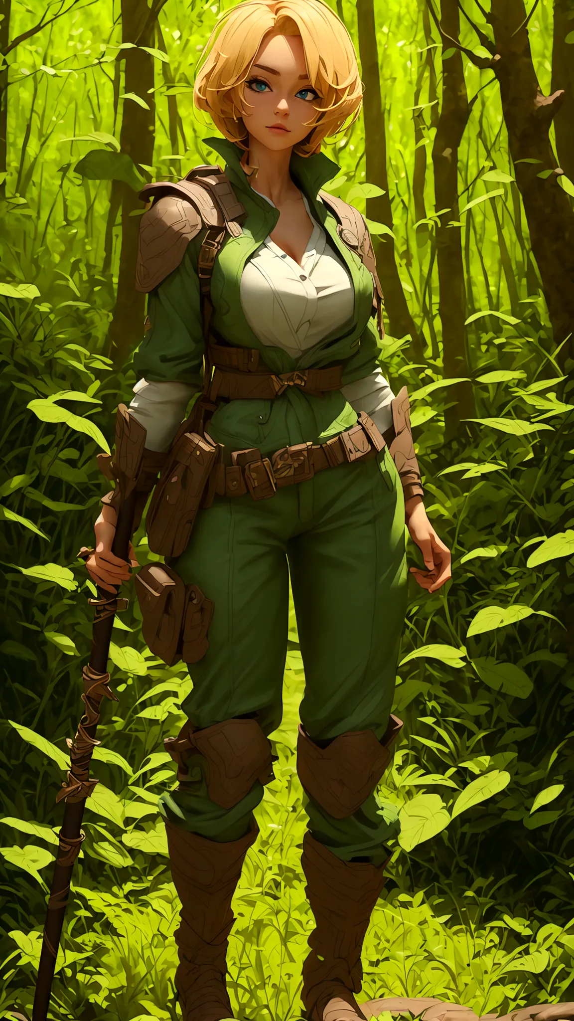 (best quality,4k,8k,highres,masterpiece:1.2),ultra-detailed, female ranger, short blond hair, spear, white shirt, green leather ...