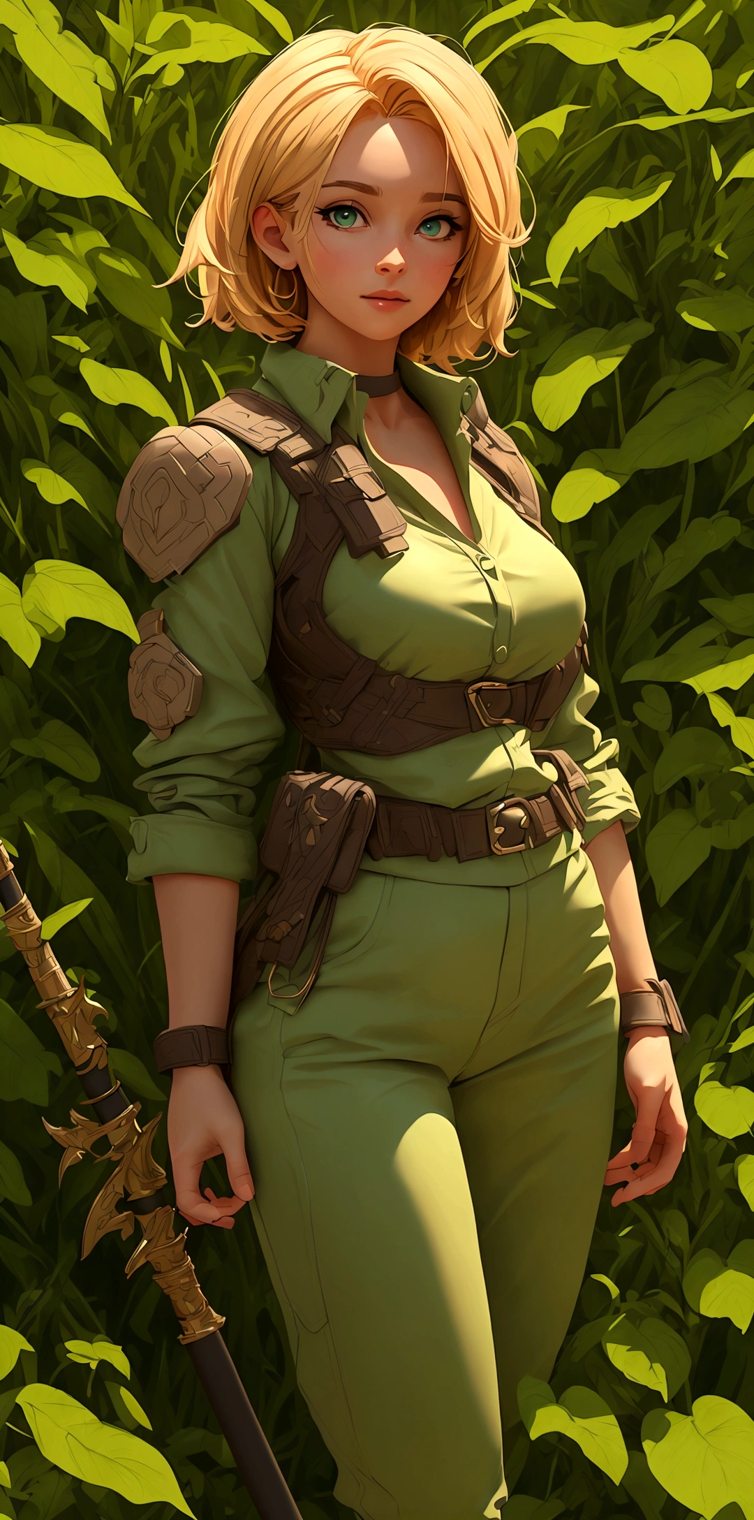 (best quality,4k,8k,highres,masterpiece:1.2),ultra-detailed, female ranger, short blond hair, spear, white shirt, green leather vest, green trousers, brown boots, A-cup, in the woods, AIKA, HDR, 8k, absurdres, cinestill 800, sharp focus, add_detail:2, (solo, woman)