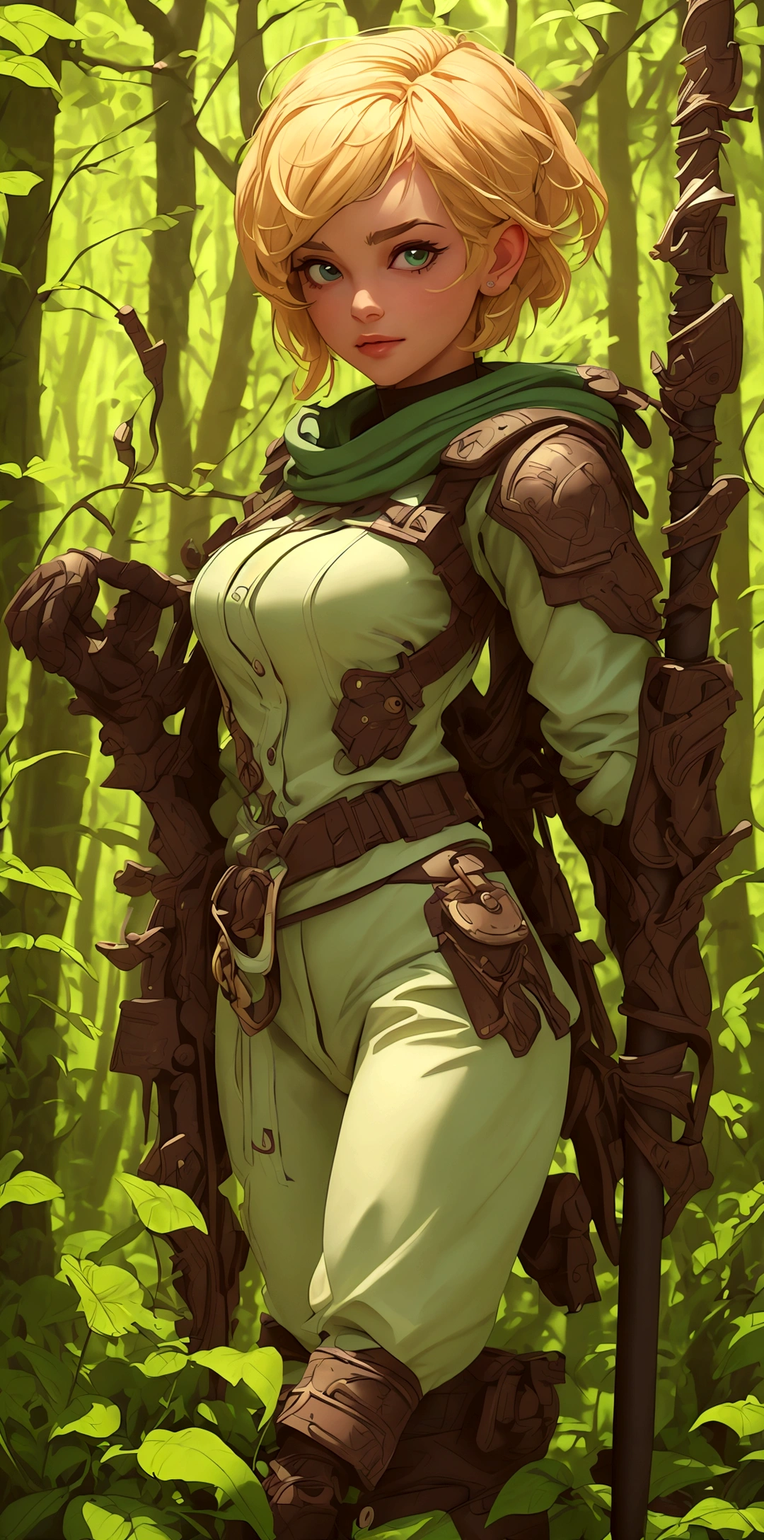 (best quality,4k,8k,highres,masterpiece:1.2),ultra-detailed, female ranger, short blond hair, spear, white shirt, green leather vest, green trousers, brown boots, A-cup, in the woods, AIKA, HDR, 8k, absurdres, cinestill 800, sharp focus, add_detail:2, (solo, woman)