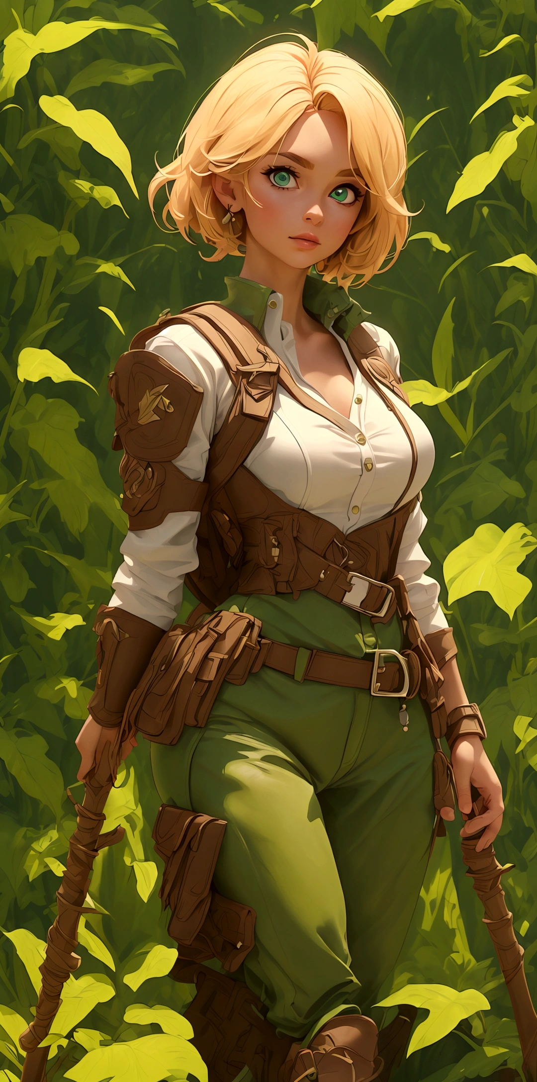 (melhor qualidade,4K,8K,alta resolução,obra de arte:1.2),ultra-detalheed, guarda florestal feminina, cabelo loiro curto, lança, camisa branca, colete de couro verde, calças verdes, botas marrons, Um copo, Na floresta, tempo, HDR, 8K, absurdos, Cinemastill 800, foco nitído, adicionar_detalhe:2, (Sozinho, mulher)