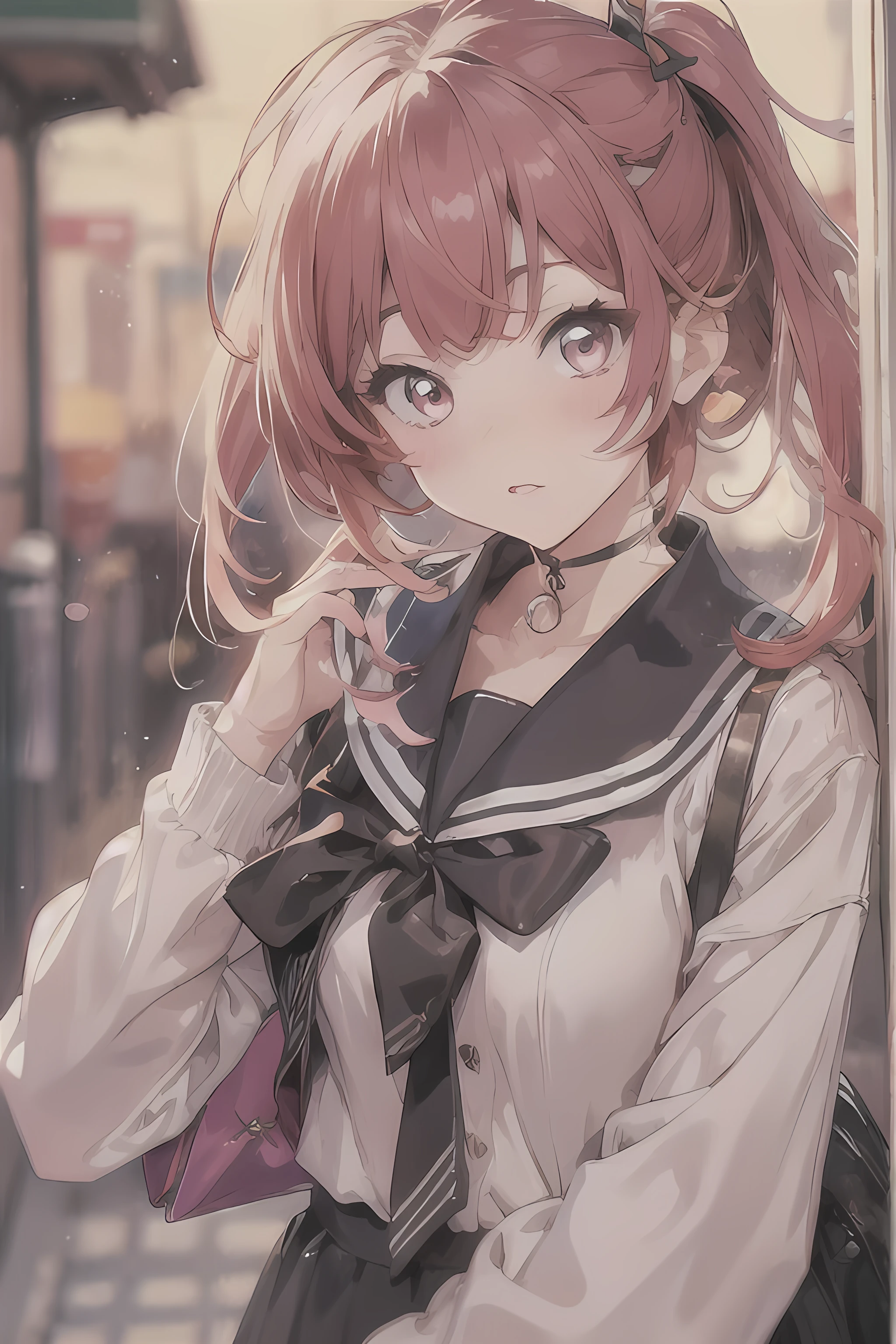 Beautiful young woman, Anime Style, Detailed face, Redhead, Tie your hair up, Black ribbon hair, Big eyes, Pink Eyes, Delicate features, Soft lighting, blush, Wearing a choker, Wearing Japanese clothes , Sailor suit, sexy, Cleavage, A black lace top worn under the uniform, Carry a school bag, Coming home from school, Sunset lighting, street, wood, Detailed Background, figure, Anime Art, Hand-drawn style, high quality, Very detailed, 8K resolution, Cinema Lighting, 最high quality, Vibrant colors