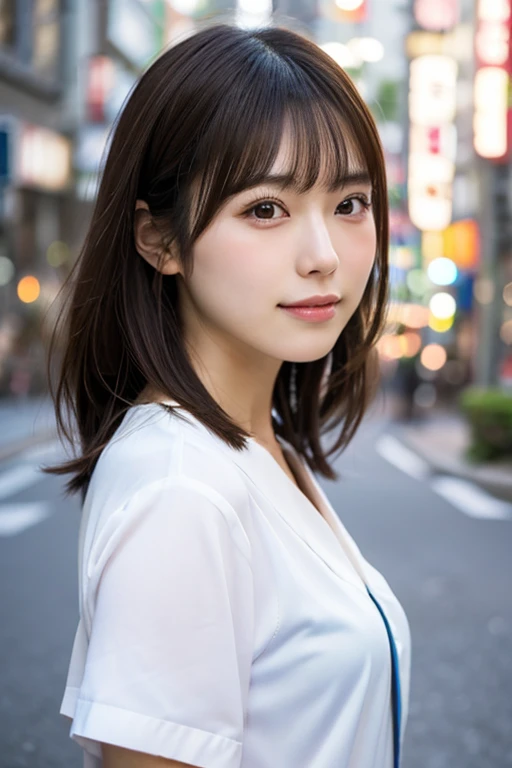 ((Fotorealistisch)), 8K Ganzkörperporträt, (schöne Frau), (japanische Frau), (Detailliertes Gesicht), Attraktive Optik, Übersichtliches System, 18 Jahre alt, Stadt Tokio, summer, für den Hintergrund, Mittellanges Haar, 