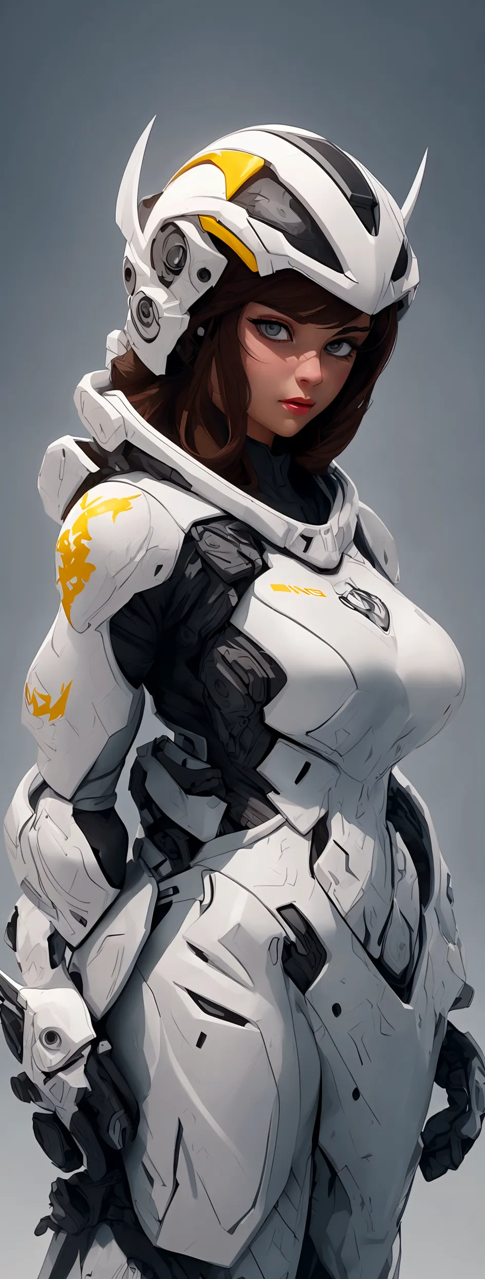 (best quality,4k,8k,highres,masterpiece:1.2),ultra-detailed, female ranger, white suit, tyrannosaurus head for helmet, asymmetri...