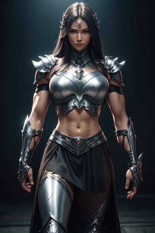 (nsfw:0.2), Very large black and silver chest armor, metal shoulder armor, black and brown gauntlets, black and silver combat pants, metal leg armor, have a very large halberd, Muscular armor, tight armor, Muscles throughout the body swell,Violent and strongly cracked abdominal muscles,masterpiece,Highest quality photorealistic RAW photos。bright colors,rich colors, Backlight, cinematic lighting, film grain, to be born, 50mm lens, Nikon D850,detailed character art,fantasy art,ultra high resolution,super realistic skin, perfect hand shape