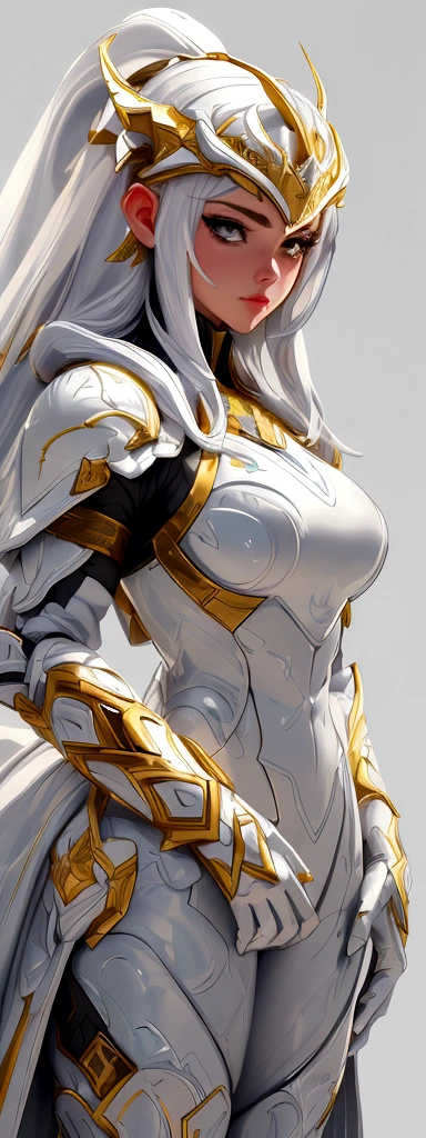 (best quality,4k,8k,highres,masterpiece:1.2),ultra-detailed, female ranger, white suit, tyrannosaurus head for helmet, asymmetrical suit, yellow claw shaped emblem on left side of suit. a close up of a person in a white suit with yellow gloves, heavy white and golden armor, detailed white armor, intricate white and gold armor, intricate white armor, streamlined white armor, full body sprite, skintight silver armor, white plated armor, ornate white and gold armour, entire body, snake-face female guard, clothed in ethereal battle armor, HDR, 8k, absurdres, cinestill 800, sharp focus, add_detail:2, (solo, woman)