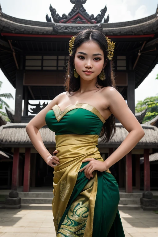 (masterpiece), Gorgeus Girl, Beautiful, Baby Face, 20 Years Old, White Skin, Large Colossal Breasts, Pose, young Balinese girl wear green-gold sleeveless strapless Balinese green kebaya dress in front of Balinese temple, expose her armpits while she dancing, Balinese dancer, Masterpiece, Portrait, Straight Dark Hair, Perfect Lighting, HDR