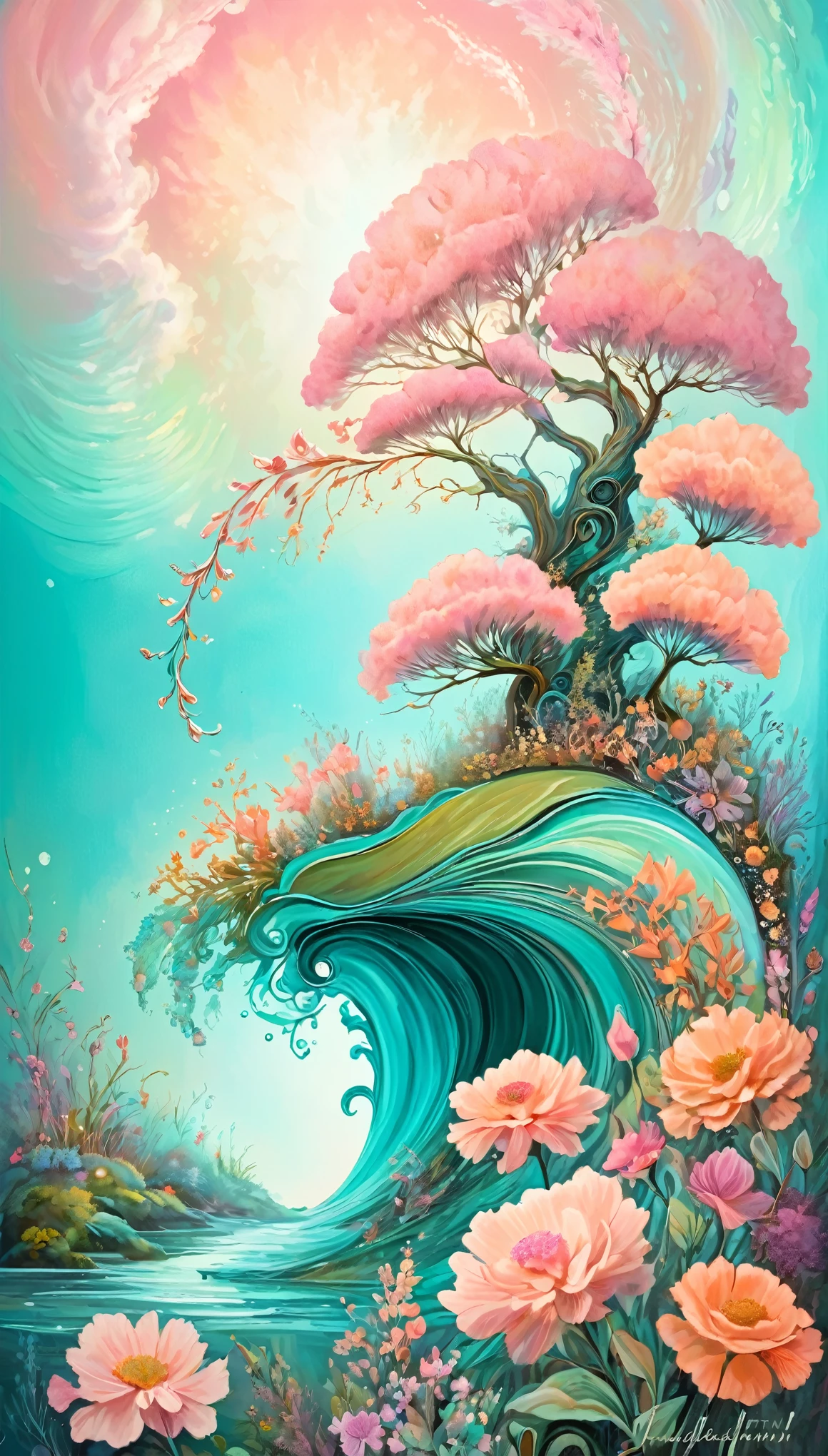 High Quality Artwork、Whimsical Fantasy、Elegant and floral botany、Minimalism with floral waves、Garden setting、pink、Aqua Green、Painted in pastel apricot colors、Flowing flowers floating in a hazy atmosphere、Inspired by smoke fractaloody and highly realistic octane rendering、Josephine Wall Art、Isabel Menin、Jean、Inspired by Amy Brown。 The artwork is、It showcases a tranquil and enchanting garden filled with the gentle dance of flowing flowers.。green々とした花びらがパステルpinkの色合