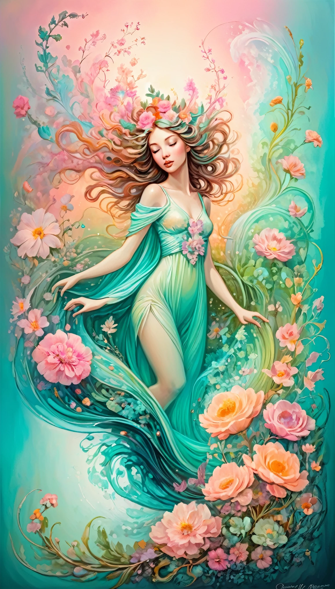 High Quality Artwork、Whimsical Fantasy、Elegant and floral botany、Minimalism with floral waves、Garden setting、pink、Aqua Green、Painted in pastel apricot colors、Flowing flowers floating in a hazy atmosphere、Inspired by smoke fractals、Moody and highly realistic octane rendering、Josephine Wall Art、Isabel Menin、Jean、Inspired by Amy Brown。 The artwork is、It showcases a tranquil and enchanting garden filled with the gentle dance of flowing flowers.。green々とした花びらがパステルpinkの色合