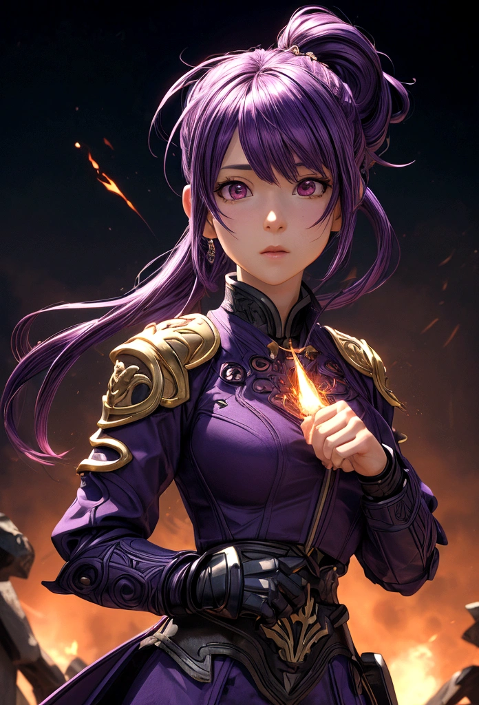 score_9, score_8_up, score_7_up, anime, 3D anime, fantasy, ultra detailed, ultra quality, ultra resolution, cinematic lighting, female, beautiful, Dramatic lighting, cute pose, chevreuse, genshin impact, Pyro eLEMENTS, purple hairs