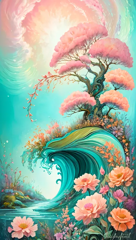 High Quality Artwork、Whimsical Fantasy、Elegant and floral botany、Minimalism with floral waves、Garden setting、pink、Aqua Green、Pai...