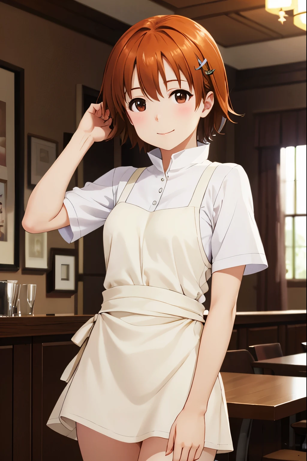 highest quality, 超High resolution, 4K、８K、highest quality, smile、Mahiru Inami, short hair, Brown Hair, hair ornaments, (Brown eyes:1.3), Orange Hair, hairpin, Closed Mouth、Beautiful thighs、Waitress、 Highly detailed face, Perfect lighting, Extremely detailed CG、High resolution、超High resolution、Ultra-fine painting、Sharp focus、Physically Based Rendering、Cowboy Shot