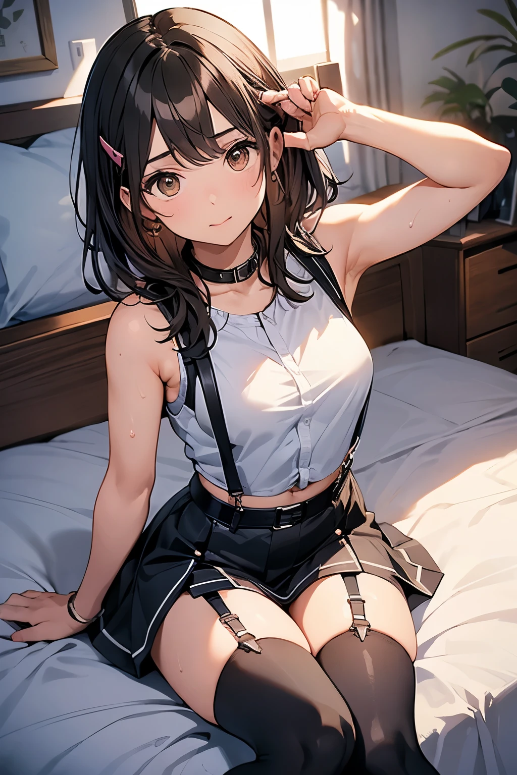 Gazing at the audience　　　Black suspenders　　　bulging big breasts　　 　 　　　wall 　mini skirt　garterbelt　garter　　　　　　vision　　　Small face　 　　　holster　　　Beautiful woman　　Show me your hands　　 Lying in bed　　vision 　　Taunt　~ side　~ side汗 　arm　　belt　summer　Armpit sweat