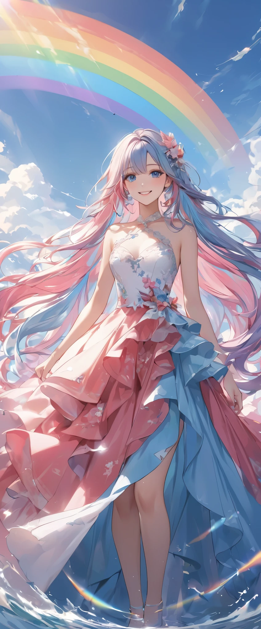 A stunning portrait of a 17-year-old girl with rainbow-coloured hair, a mix of blue and pink, under a brilliant sky on a sunny summer day、A breathtaking view unfolds。Half blue and half pink、A girl with colorful, flowing hair、Standing with a captivating smile。Long curls cascading down in golden waves、Frames bright sky blue eyes。Red and black repair dress 1.Wearing a voluminous 2-meter skirt、Captivate the audience with elegance。The dress was torn in many places、It is revealed