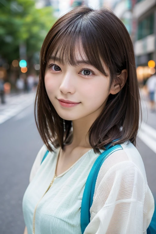 ((photoréaliste)), Portrait en pied 8K, (Belle femme), (femme japonaise), (Visage détaillé), look attrayant, Système clair, 18 ans, Ville de Tokyo, été, Pour le fond, Cheveux moyens, 