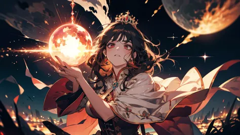 Princess, magical, fantasy, war, blood, floating hair, epic, burning village, anger, Psychedelics effects, meteor, cosmos