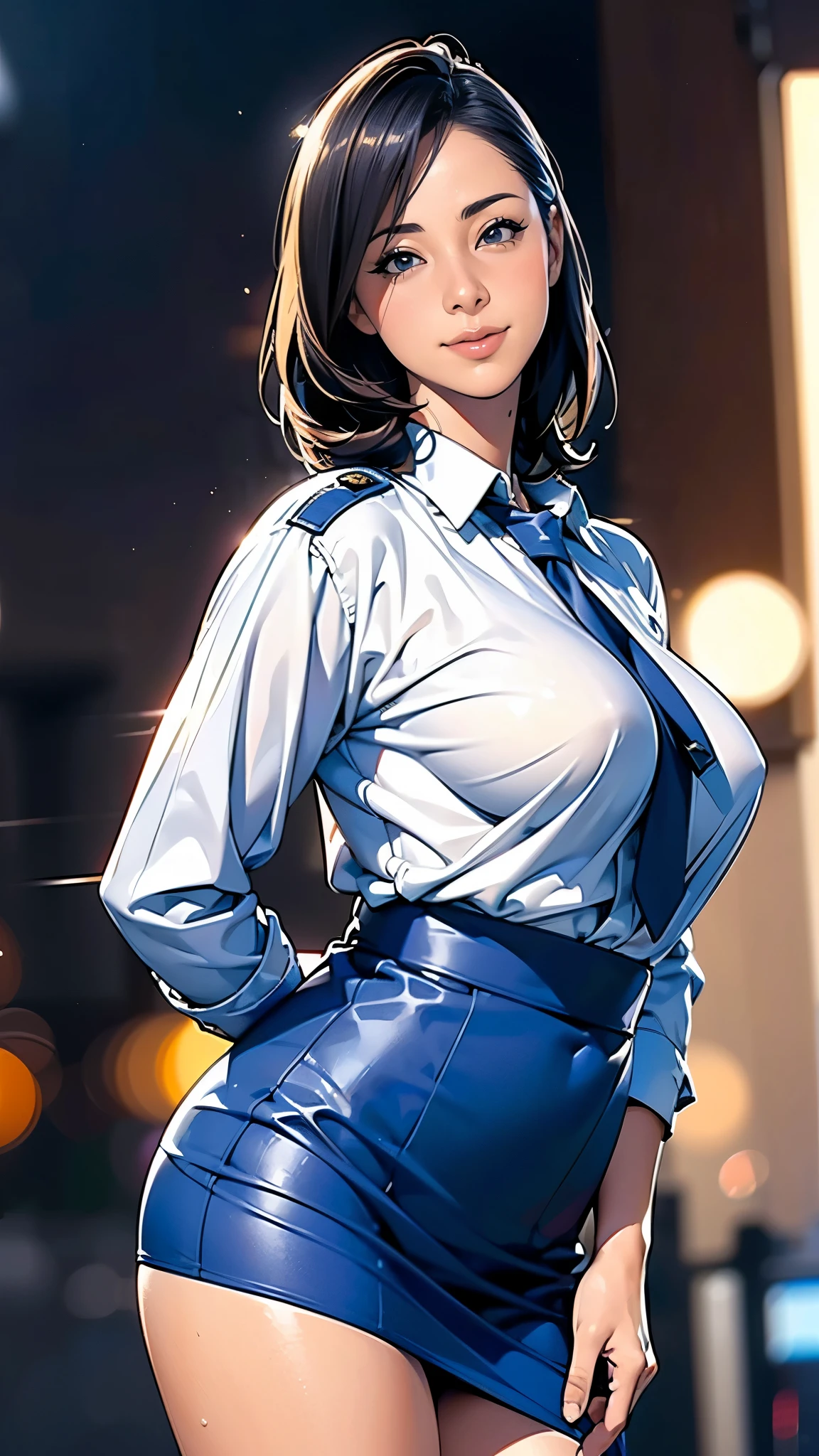 (masterpiece:1.2, highest quality), (Realistic, photoRealistic:1.4),Beautiful illustrations,(Natural Side Lighting, Cinema Lighting),1 female,Japanese,Mature Woman,Policewoman on patrol,48 years old,Perfect Face, Symmetrical face, Shiny skin,Random Hairstyles,Big eyes,(smile),(whole body),BREAK((Police Officer Shirt)),((Tight mini skirt)),(The background is a street corner:1.5),(((Background Blur:1.5))),((police uniform)),(From below:1.3)