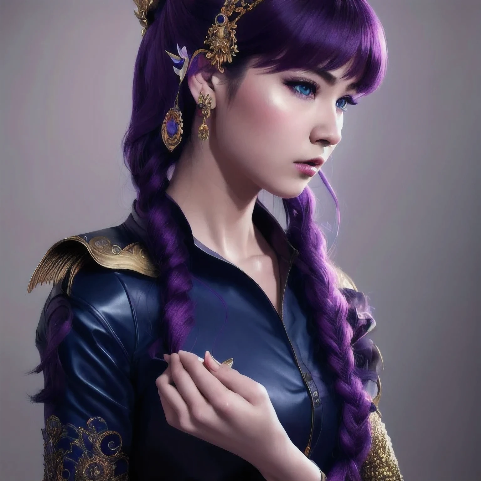 un jeune de 18 ans vêtu d&#39;une robe violette tenant un dragon, Wlop et Ross Tran, Ross Tran 8K, style artistique fantastique, poêle chengwei sur artstation, une belle impératrice fantastique, Ross Tran et WLOP, Ruan Jia et Artgerme, le portrait de la fille dragon, modèle ig | artgerme, artgerme and ruan jia，beau une fille frange yeux bleus bouche fermée oreille piercing boucles d&#39;oreilles fond gris cheveux ornement bijoux lèvres regardant spectateur militaire militaire uniforme nez piercing portrait réaliste cheveux courts simple arrière-plan solo haut du corps