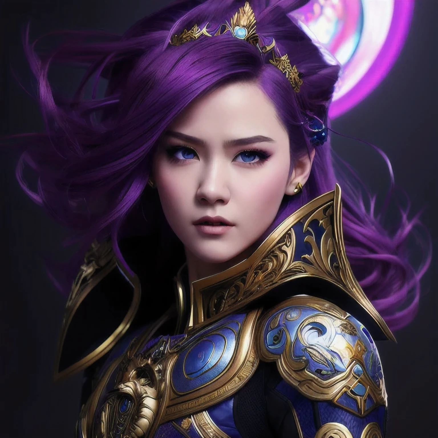 (((Olhar enojado)))há um jovem de 18 anos com um vestido roxo segurando um dragão, WLOP e Ross Tran, Ross Tran 8K, estilo de arte de fantasia, panela chengwei na estação de arte, uma linda imperatriz de fantasia, Ross Tran e WLOP, ruan jia and artegerm, o retrato da menina dragão, Modelo IG | artegerm, artegerm and ruan jia，linda 1 garota franja olhos azuis boca fechada brincos piercing na orelha fundo cinza enfeite de cabelo joias lábios olhando para o espectador militar uniforme militar piercing no nariz retrato realista cabelo curto fundo simples solo parte superior do corpo