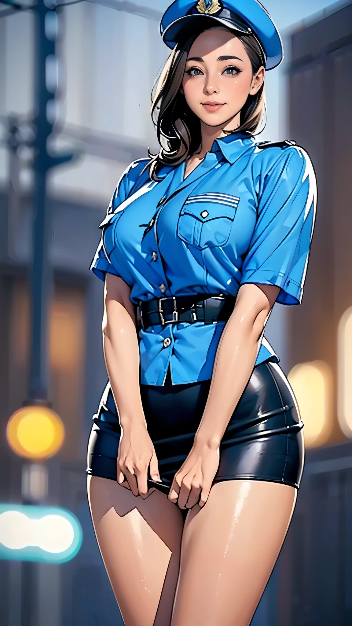 (masterpiece:1.2, highest quality), (Realistic, photoRealistic:1.4),Beautiful illustrations,(Natural Side Lighting, Cinema Lighting),1 female,Japanese,Mature Woman,Policewoman on patrol,48 years old,Perfect Face, Symmetrical face, Shiny skin,Random Hairstyles,Big eyes,(smile),(whole body),BREAK((Police Officer Shirt)),((Tight mini skirt)),(Police hat),(The background is a street corner:1.5),(((Background Blur:1.5))),((police uniform)),(From below:1.3)