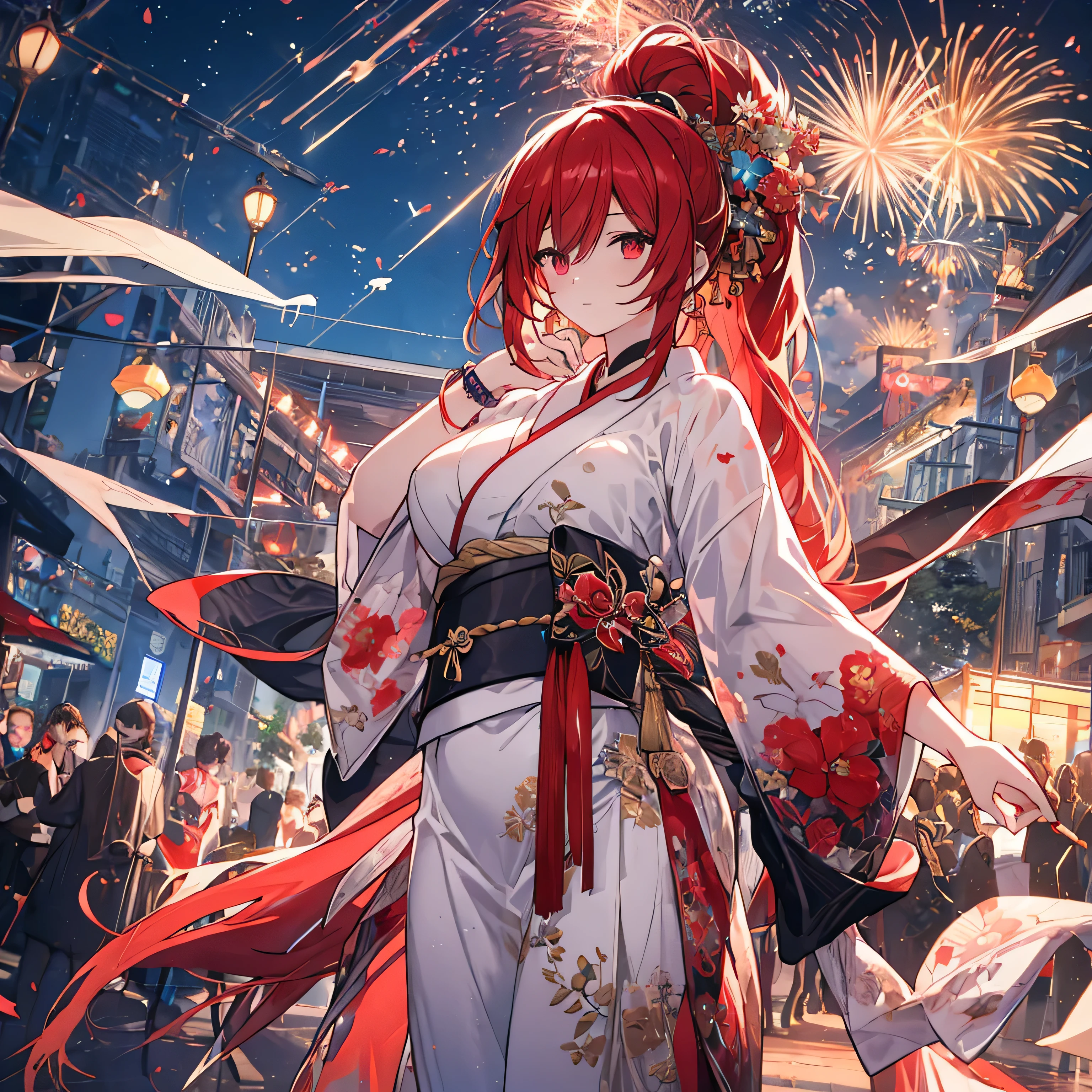 Perfect hands, highest qualityの指, Five Fingers, length, Narrow eyes, Night view, firework, masterpiece, highest quality, High resolution, Extremely detailed CG, Absurd, Wear a thick black kimono, Layering, Red Accessories , various expressions, null, Elf Ears, Beautiful detailed woman, Game CG, Spring flower, ponytail, Long Red Hair, Red eyes,Stylish accessories solo, Big Breasts, woman, Take-out, Provocative laughter,40 year old woman,Queen of Sadism, Highly detailed background, Great writing style, Pose with one hand on your hip, period drama,