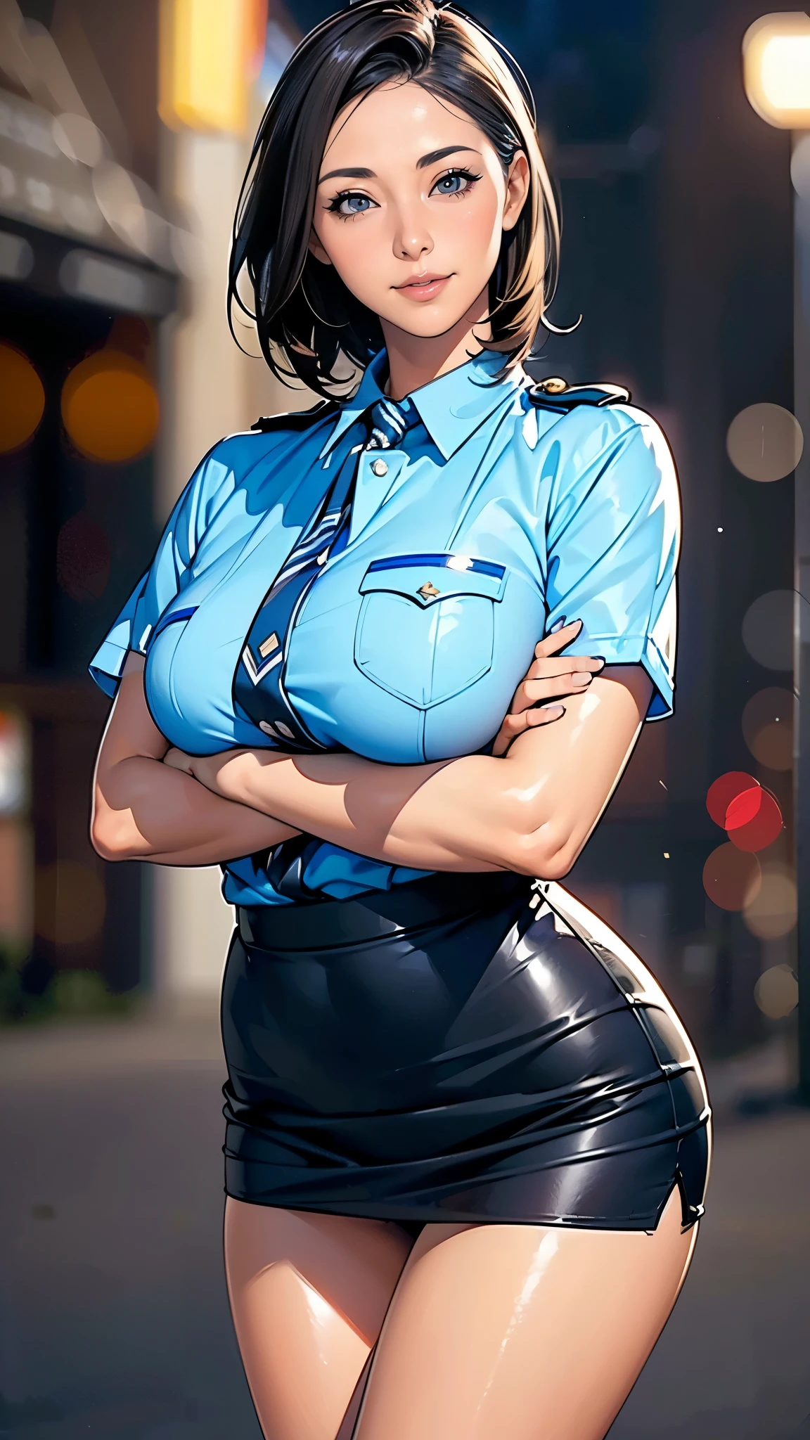 (masterpiece:1.2, highest quality), (Realistic, photoRealistic:1.4),Beautiful illustrations,(Natural Side Lighting, Cinema Lighting),1 female,Japanese,Mature Woman,Policewoman on patrol,48 years old,Perfect Face, Symmetrical face, Shiny skin,Random Hairstyles,Big eyes,Sexy Eyes,(smile),(whole body),BREAK((Police Officer Shirt)),((Tight mini skirt)),(The background is a street corner:1.5),(((Background Blur:1.5))),((police uniform)),(((Crossed arms)))