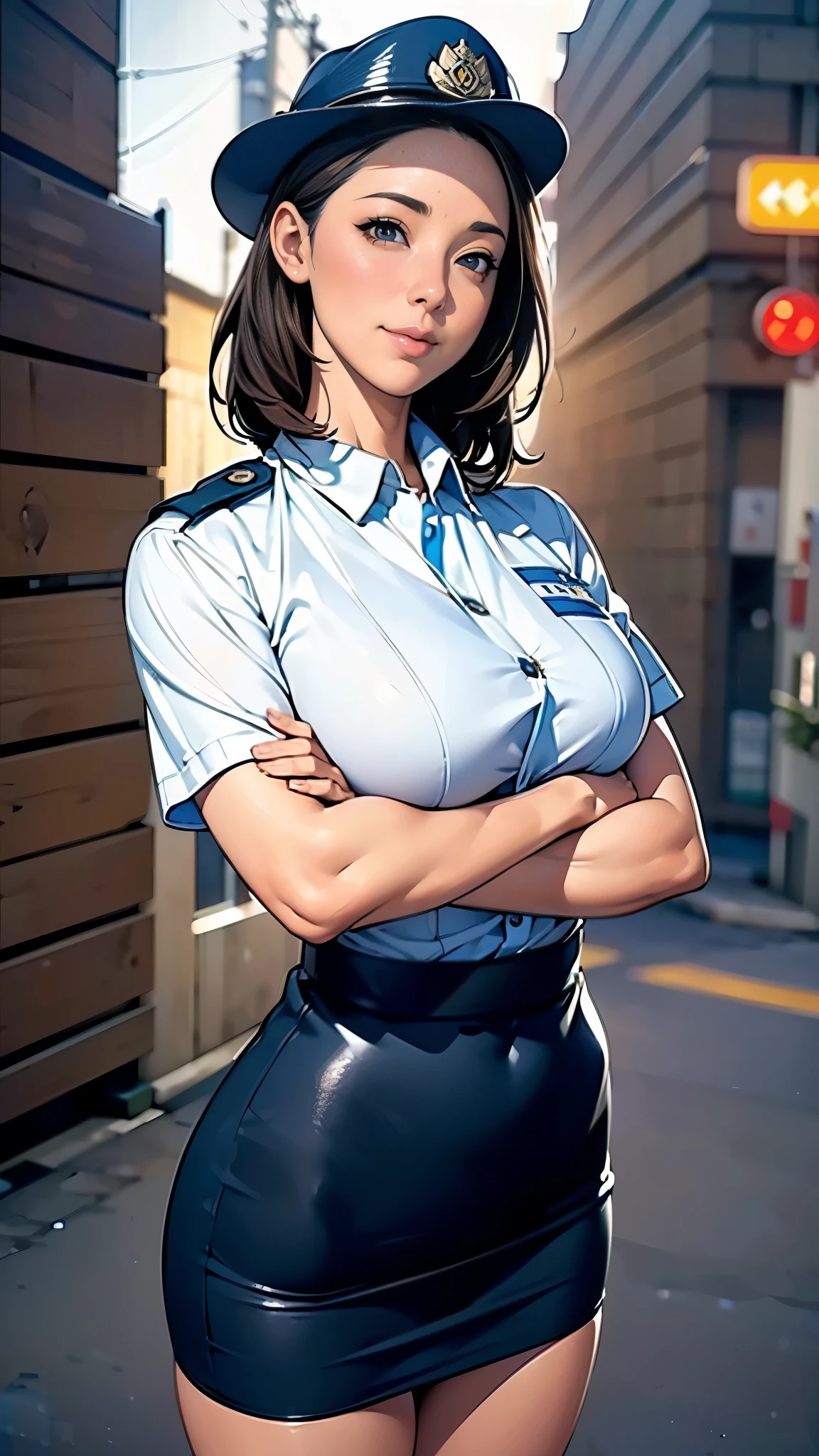 (masterpiece:1.2, highest quality), (Realistic, photoRealistic:1.4),Beautiful illustrations,(Natural Side Lighting, Cinema Lighting),1 female,Japanese,Mature Woman,Policewoman on patrol,48 years old,Perfect Face, Symmetrical face, Shiny skin,Random Hairstyles,Big eyes,Sexy Eyes,(smile),(whole body),BREAK((Police Officer Shirt)),((Tight mini skirt)),(Police hat),(The background is a street corner:1.5),(((Background Blur:1.5))),((police uniform)),(((Crossed arms)))