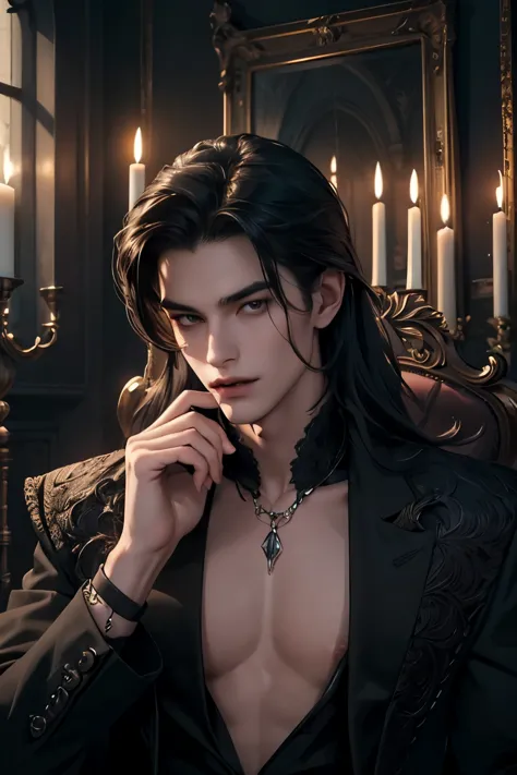 ((Best quality)), ((masterpiece)), (detailed), ((perfect face)), ((halfbody)) perfect proporcions,He is a handsome vampire, 18 y...