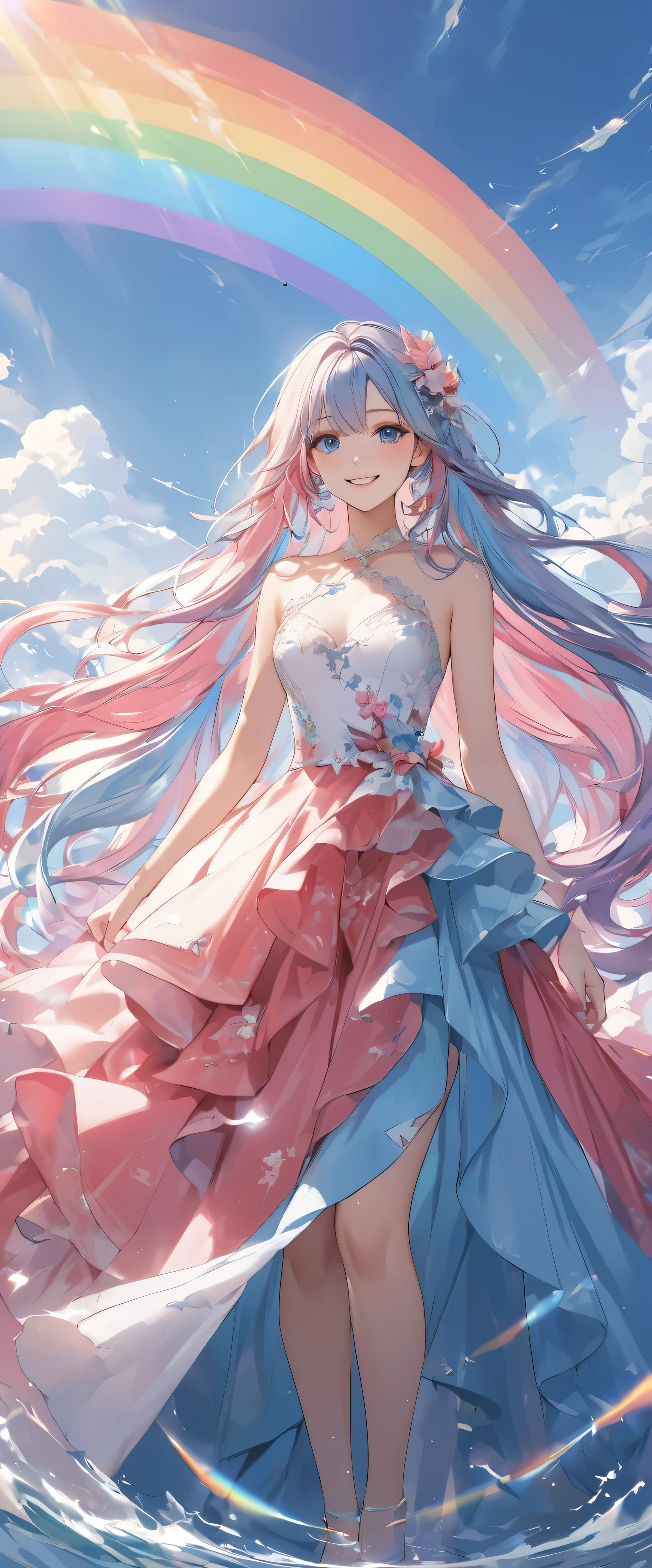 A stunning portrait of a 17-year-old girl with rainbow-coloured hair, a mix of blue and pink, under a brilliant sky on a sunny summer day、A breathtaking view unfolds。Half blue and half pink、A girl with colorful, flowing hair、Standing with a captivating smile。Long curls cascading down in golden waves、Frames bright sky blue eyes。Red and black repair dress 1.Wearing a voluminous 2-meter skirt、Captivate the audience with elegance。The dress was torn in many places、It is revealed