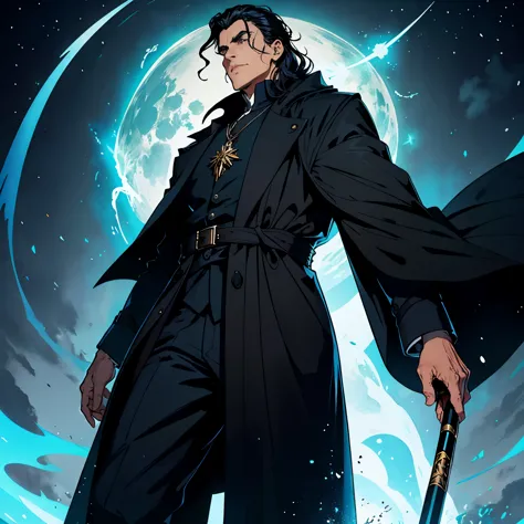 ((neocruz)) el mayordomo es un anciano de pelo negro.，he wears a large black trench coat with a black wizard&#39;s robe-style pa...