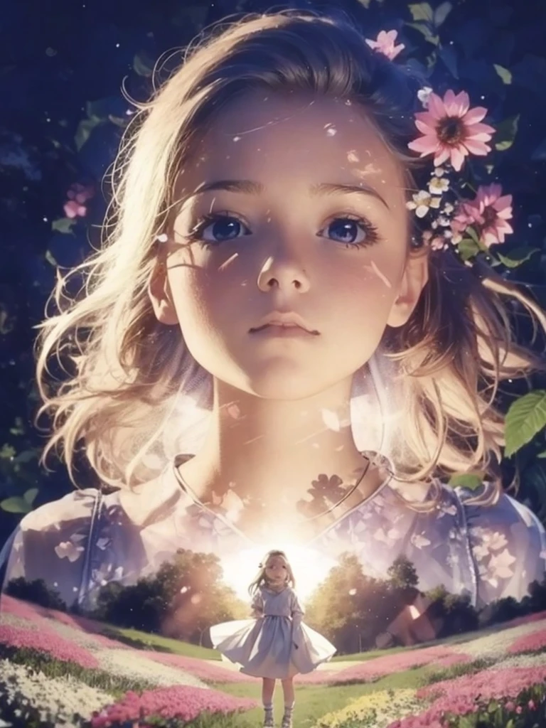 Cute little princess、Beautiful fine eyes、Vaguely、(de luz:0.7)、Her outfit is、Blends seamlessly into the beautiful flower field background、Multiple Exposure Effect、Spotlight on her