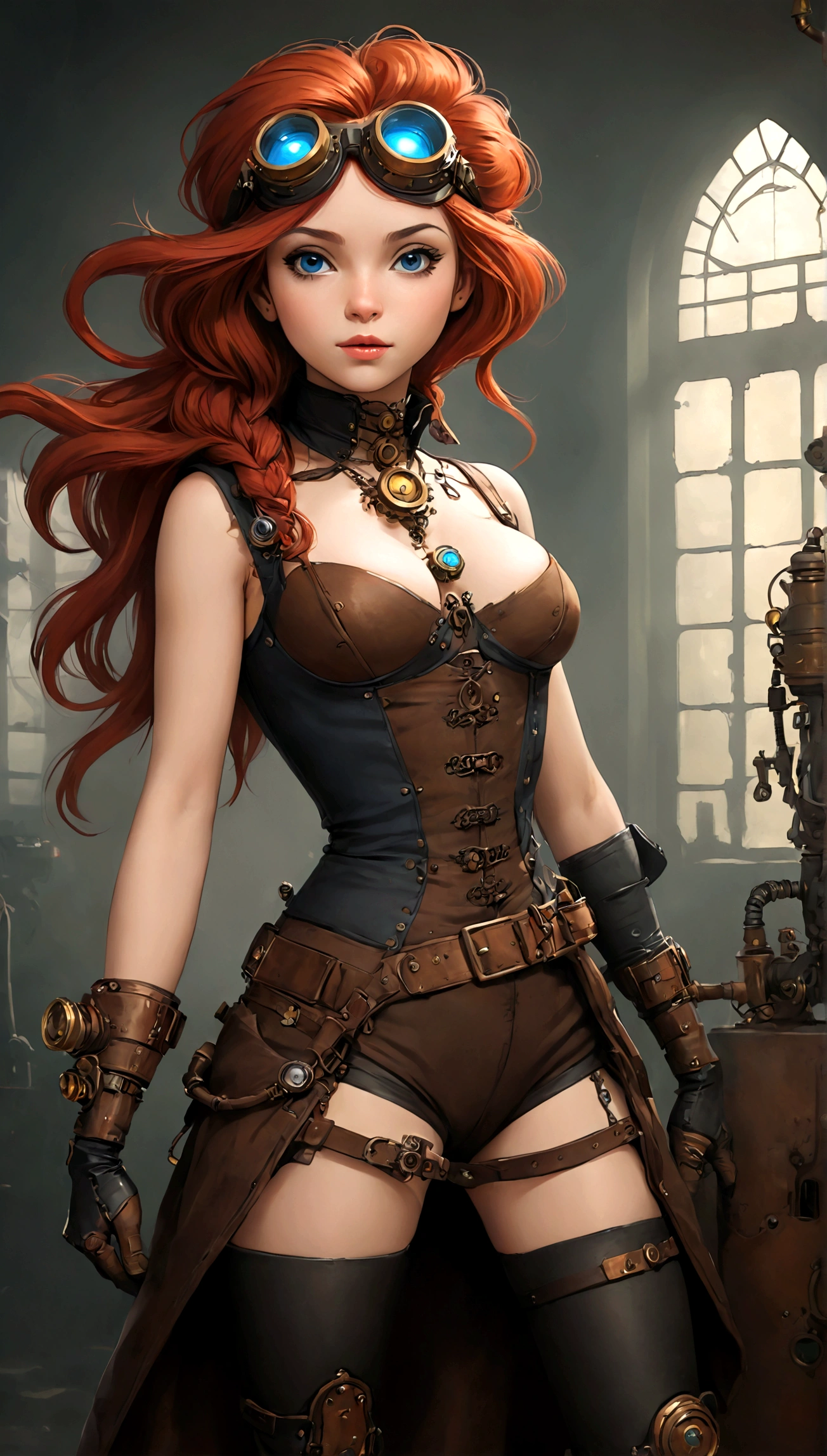 ((Masterpiece)), (Best Quality), (Cinematic),(extrem detailliertes CG Unity 8k-Hintergrundbild), 1girl, fit,delicious company, small breasts,(no goggles in face)(very long red hair), (no goggles in face) a stunning beautiful victorian red haired steampunk woman who lost her lower arm by accident but got instead a beautifully crafted fine and perfect fitting robotic(mechanic and hydraulic) prothesis(steampunk style). with this prothesis stretched towards she is showing(presenting) us a sealed filigrane poison glass phiole with blue liquid in it. hand-lower arm-prothesis made of brass and leather. dressed in fabric and leather victorian like clothing and on her head she has decorative wielding goggles also made of brass and leather. the scenery is a little bit gritty but also awe inspiring.,1 line drawing,makeup, 