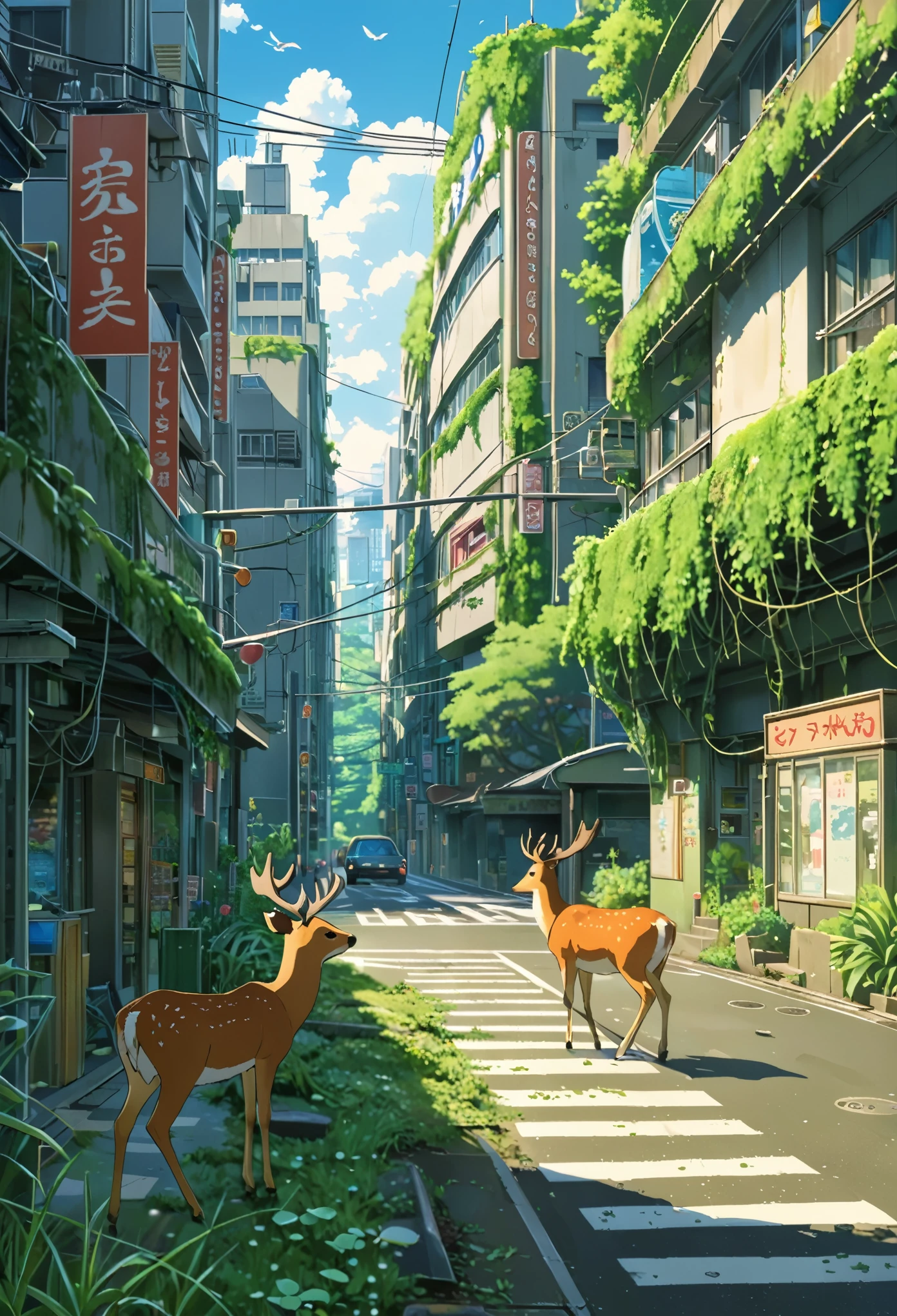 ((only background)), ((anime:1.4,illustration)),(masterpiece, top quality, best quality),(ultra-detailed, absolutely resolution),((16k, high res)).(reflect), BREAK {(anime movie by Studio Ghibli Style: 1.5)} BREAK {detailed illustration of a post-apocalyptic Shibuya Scramble Crossing where humans are extinct. The scene should show the iconic intersection overgrown with lush vegetation. The buildings and billboards should be in a state of decay, covered in vines and moss. The once-bustling streets should now be peaceful and quiet, with nature reclaiming the urban landscape. Include various animals such as deer, birds, and small mammals roaming freely in the area. The water should be crystal clear, reflecting the surrounding greenery and remnants of the urban environment. The sky should be bright and clear, with natural light illuminating the scene to create a serene yet eerie atmosphere. The overall vibe should convey nature's triumph over human civilization, blending the decaying urban structures with thriving wildlife and plant life} BREAK { (produces images with information than 40 million pixels with cinematic-like detailed textures shot on a Sony SLR).} BREAK {(((cinematic look))), soothing tones, insane details, intricate details, hyperdetailed, low contrast, exposure blend, hdr, beautiful blue image, (hi contrast),Sony SLR.}